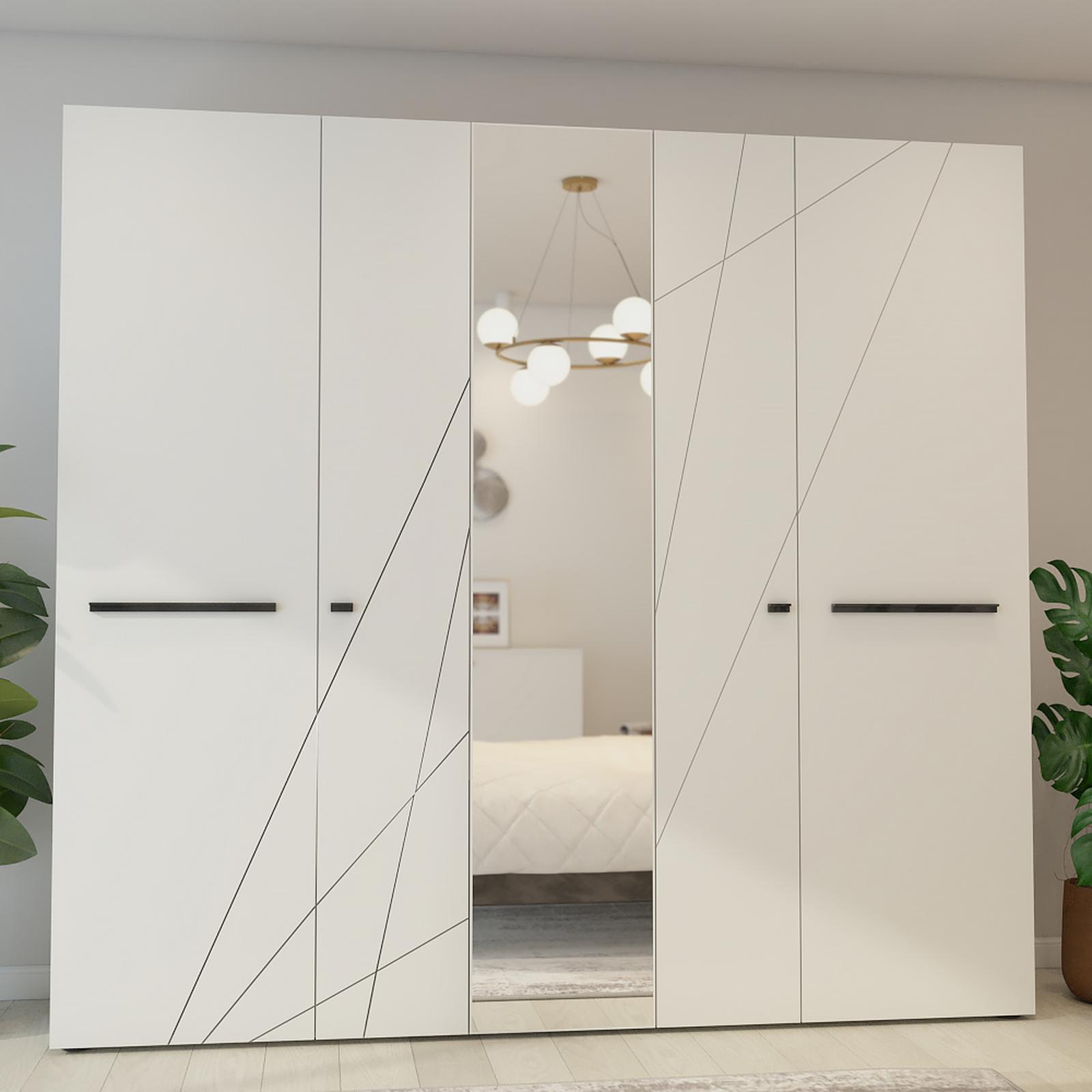 Dulap dormitor Ksanti 5K1O, alb mat + folie lucioasa alba, 5 usi, cu oglinda, 223.5 x 55 x 206 cm, 5C