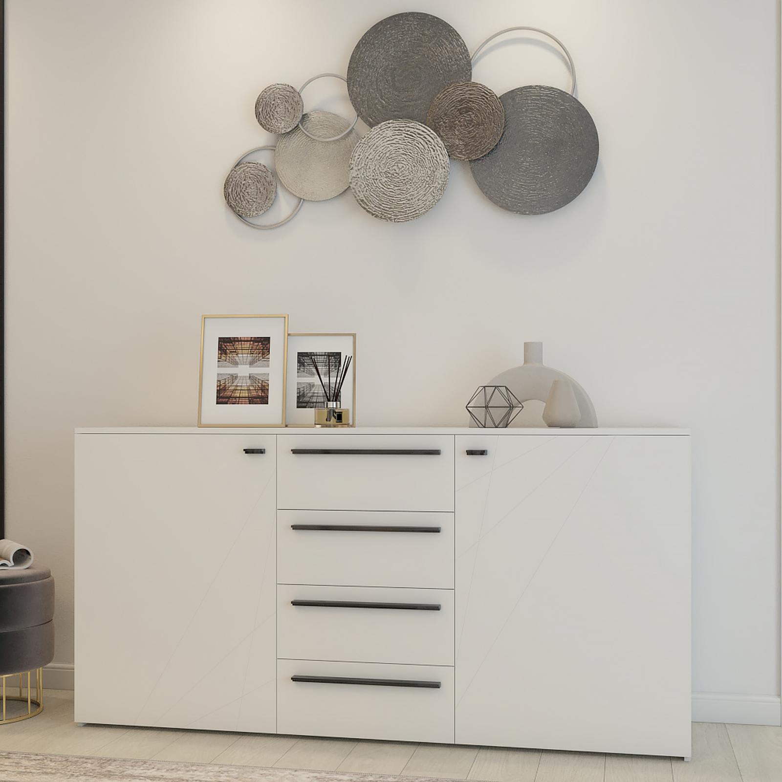 Comoda Ksanti 3K4F, cu 2 usi + 4 sertare, alb mat + folie lucioasa alba, 163 x 80.5 x 40 cm