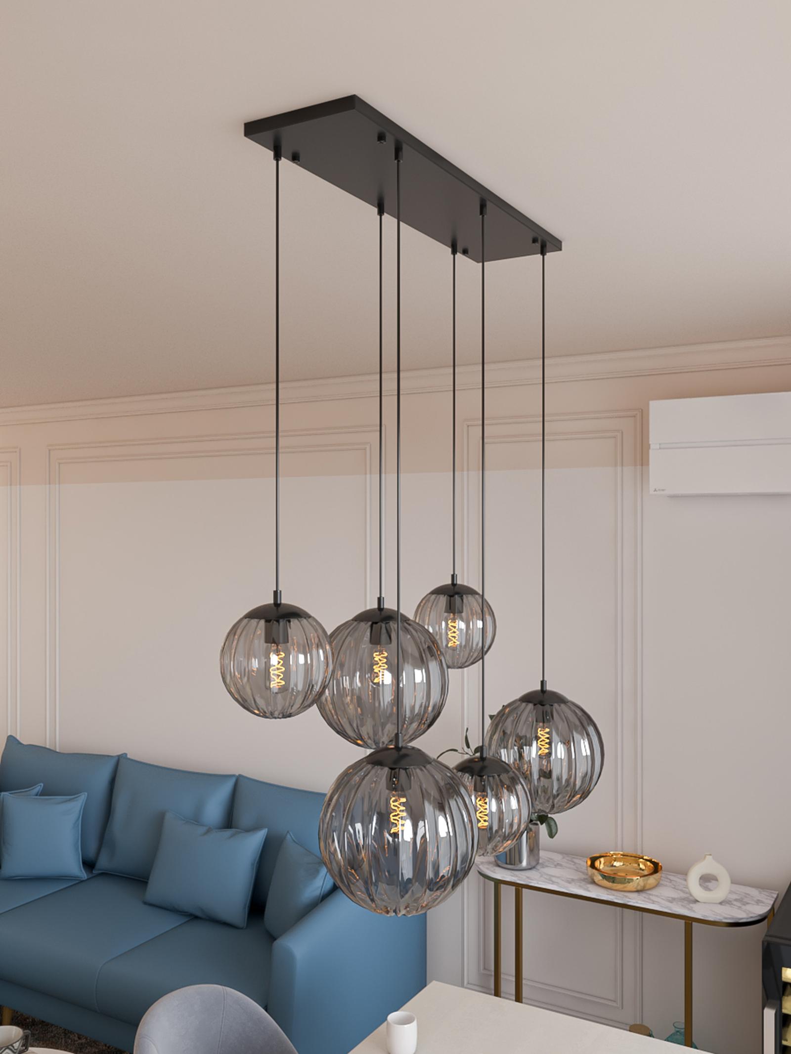 Suspensie Dallerta 15216-6, 6 x E27, negru mat + fumuriu, modern