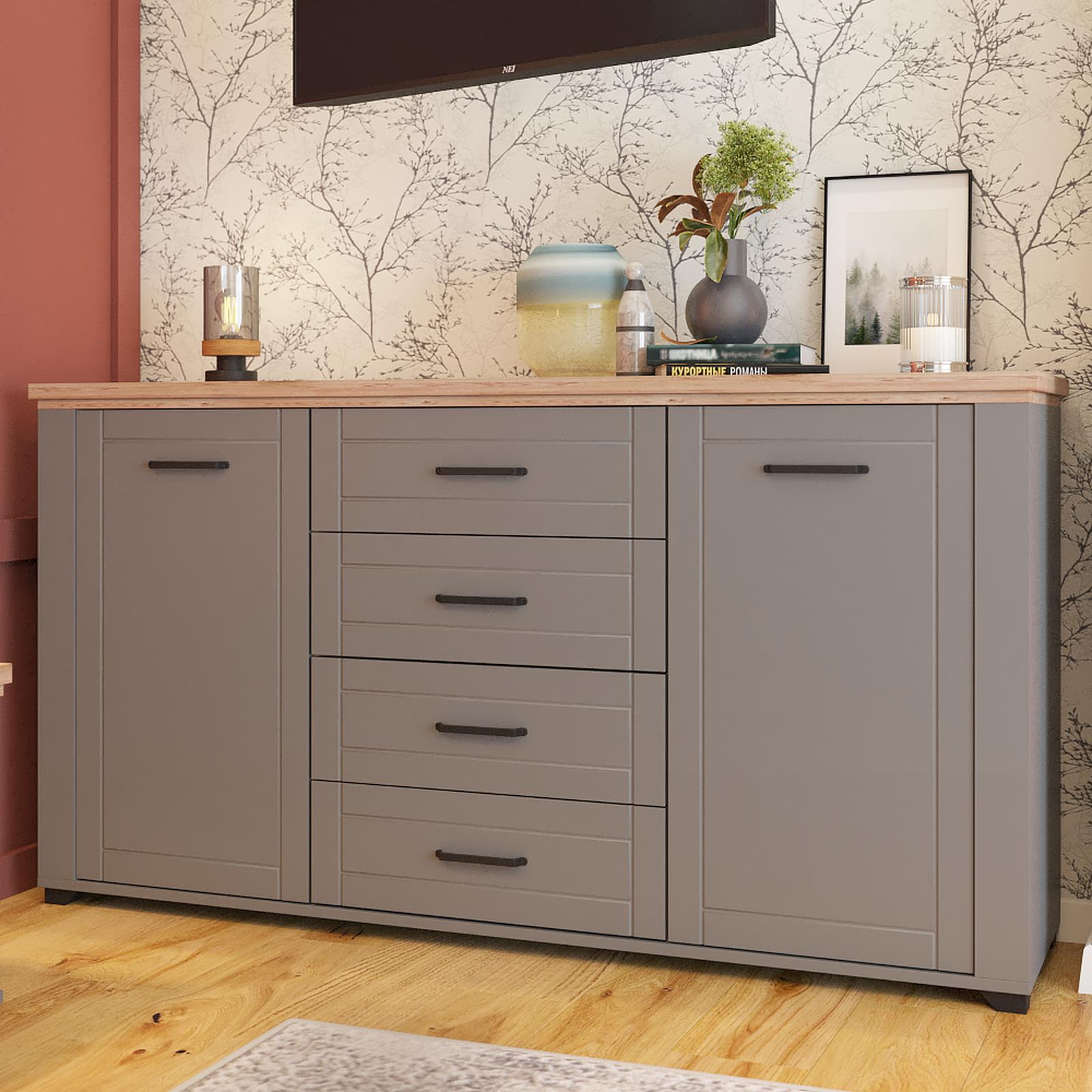 Comoda dormitor Valencia 3K4F, cu 2 usi + 4 sertare, stejar artisan + gri grafit + folie mata gri, 161.2 x 41 x 85.7 cm, 2C
