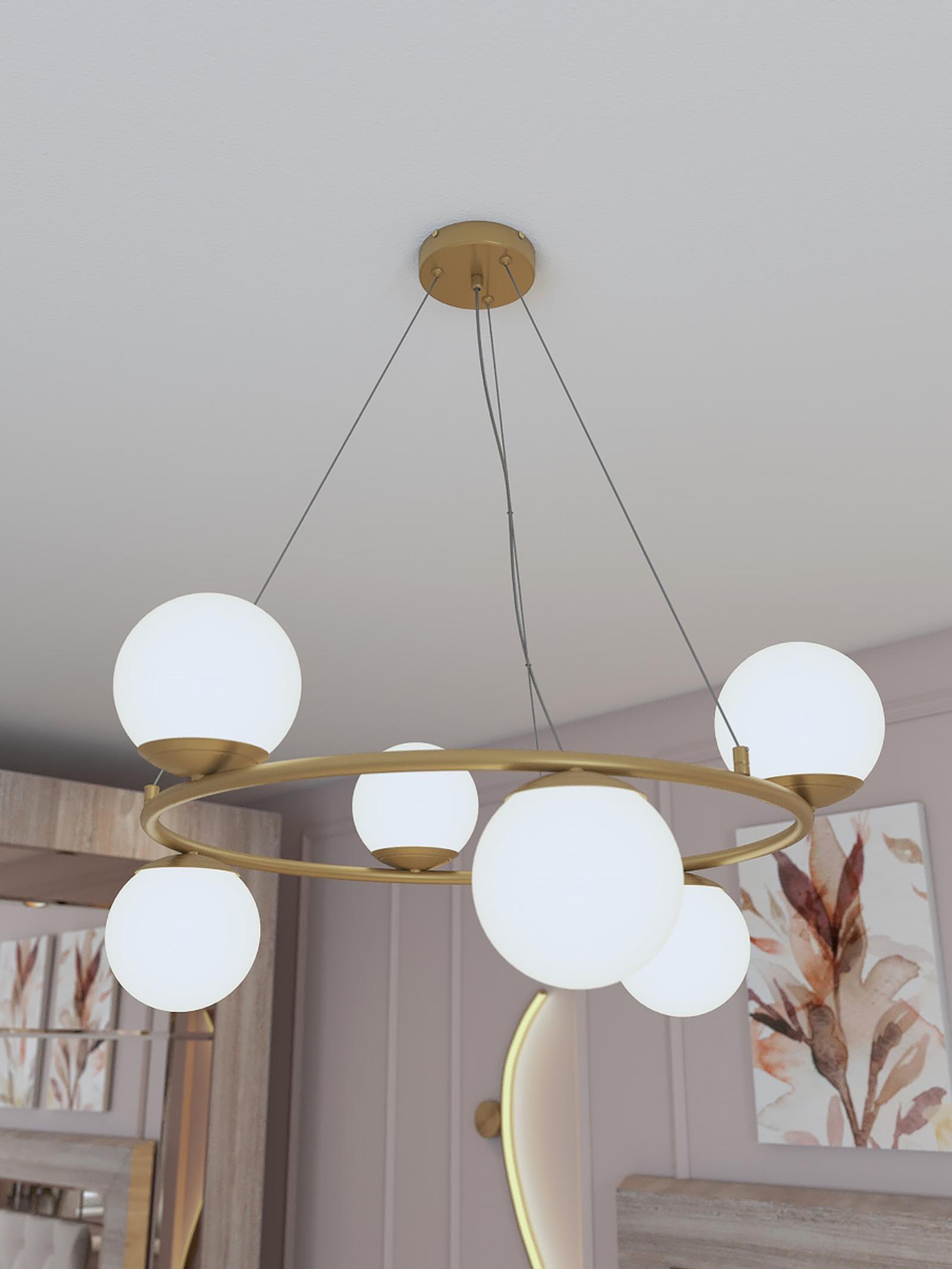 Suspensie Bowling 01-3157, 6 x E14, auriu + alb, modern