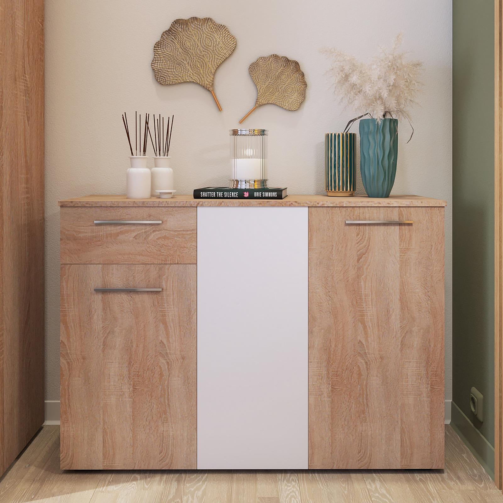 Comoda dormitor Ritmo 3K1F, cu 3 usi + sertar, stejar sonoma + alb, 114.5 x 80.5 x 35 cm, 2C