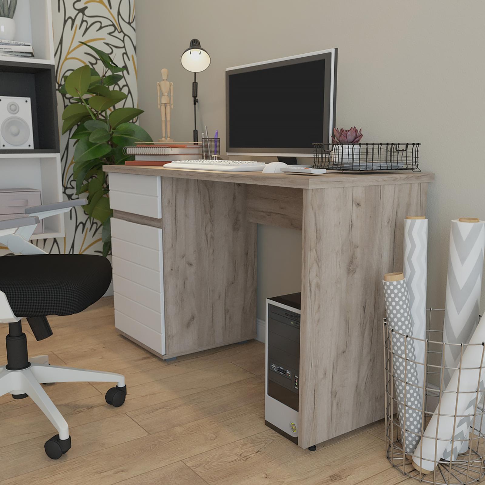 Birou cu sertar pentru cameră tineret stil modern vivi Birou cu sertar si dulap Elan, pentru calculator, stejar gri + alb lucios, 130 x 50 x 75.5 cm, 1C