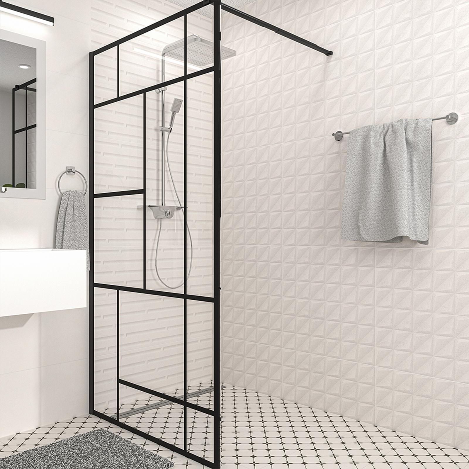 Perete dus walk-in, Profiltek Fado, sticla cu model geometric, profil negru, 100 x 195 cm
