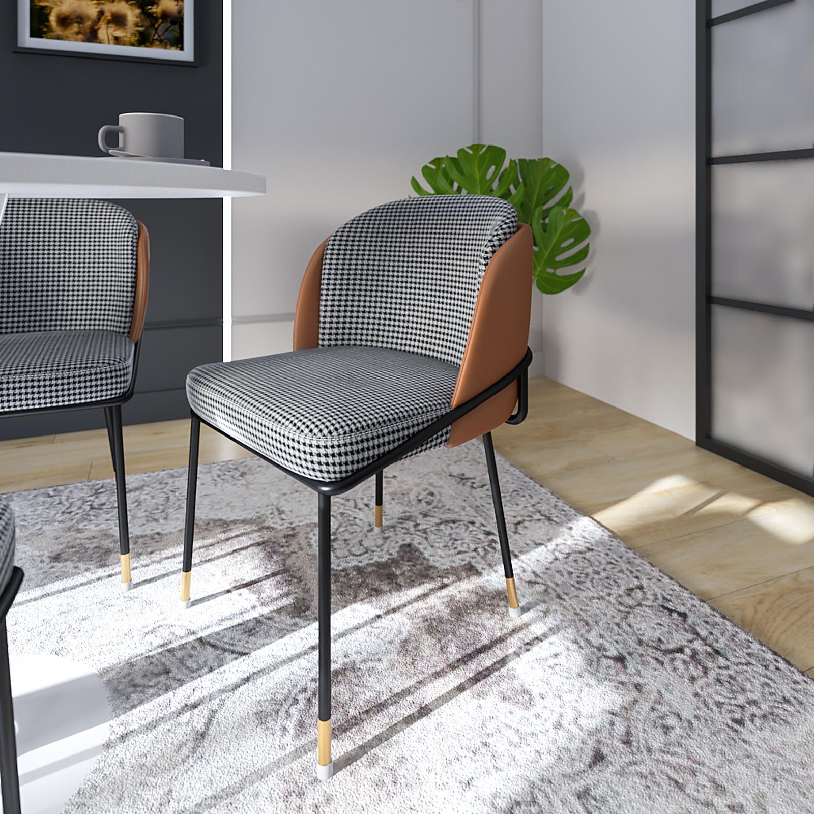 Scaun fix Kirna, tapitat, metal negru + auriu + material textil alb / negru + imitatie piele maro