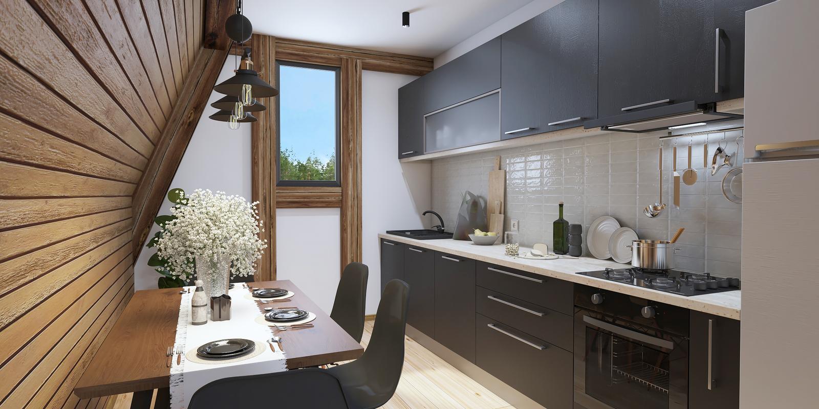 Amnajare bucătărie modernă cu influență rustică, montană