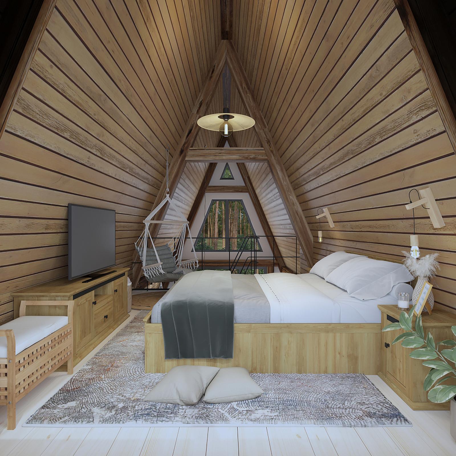 Lemn și mobilier în amenajarea cabanei A-frame_3