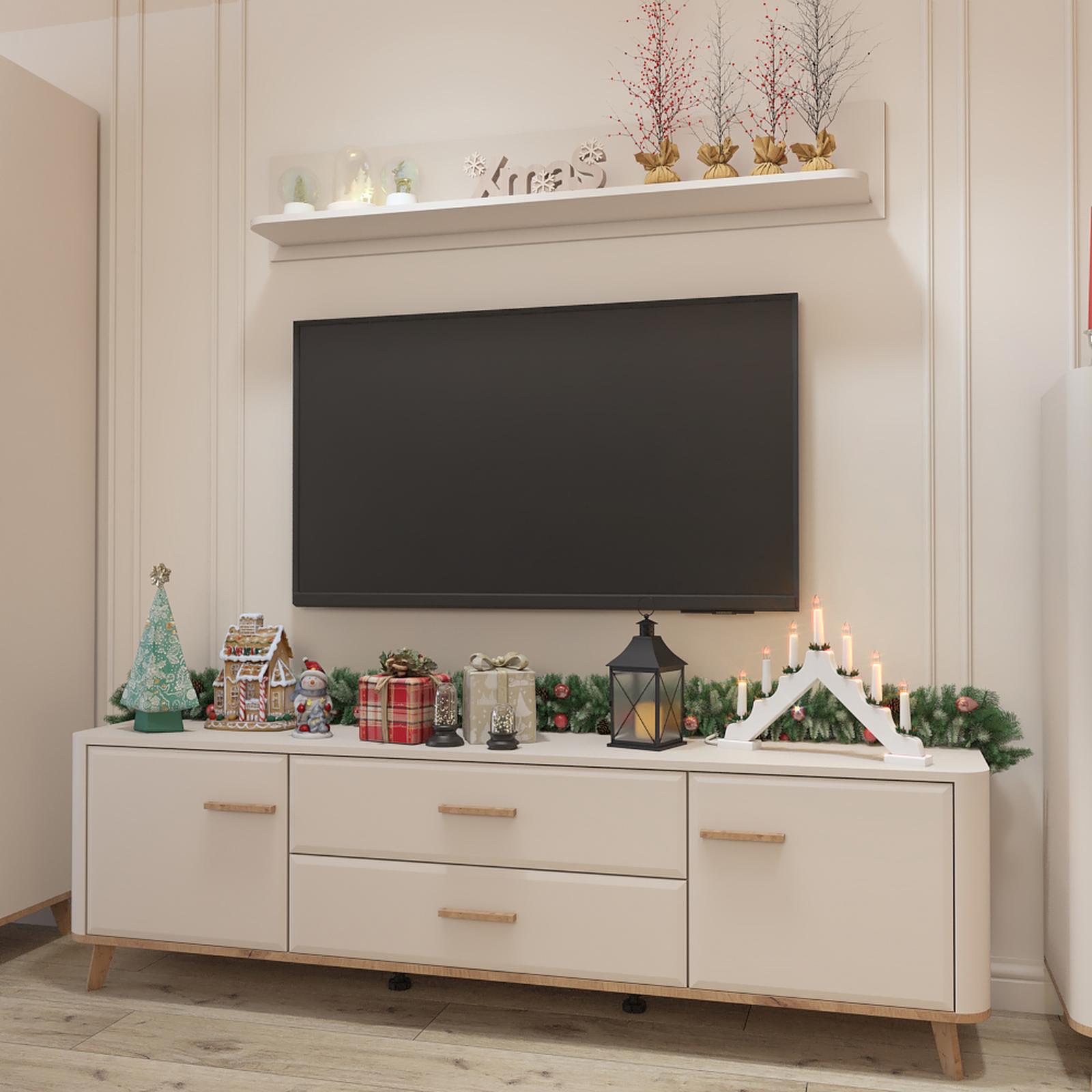 Comoda TV Darwen pentru living stil clasic brilho Comoda TV Darwen 3K2F2V, cu usi si sertare, bej cashmere + stejar artisan, 179.5 x 40 x 52.5 cm