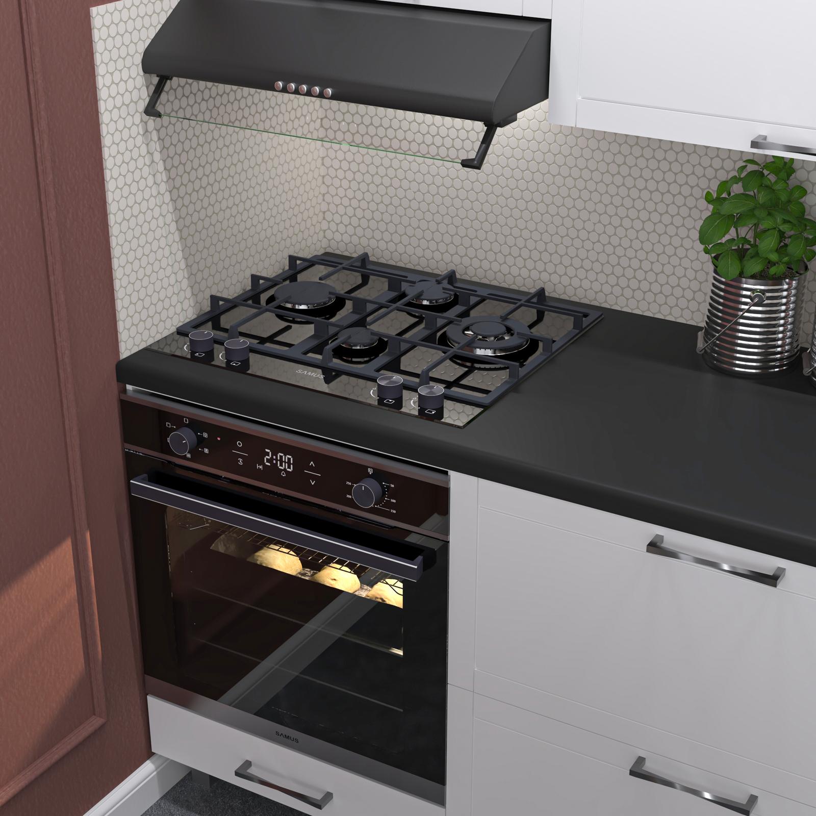 Cuptor electric incorporabil SC625GDX5 + plita pe gaz incorporabila PSG-64SG2, Samus B1, clasa A, 75 litri, 5 functii, 4 arzatoare, arzator Wok, putere 8.6 kW, aprindere electrica, negru