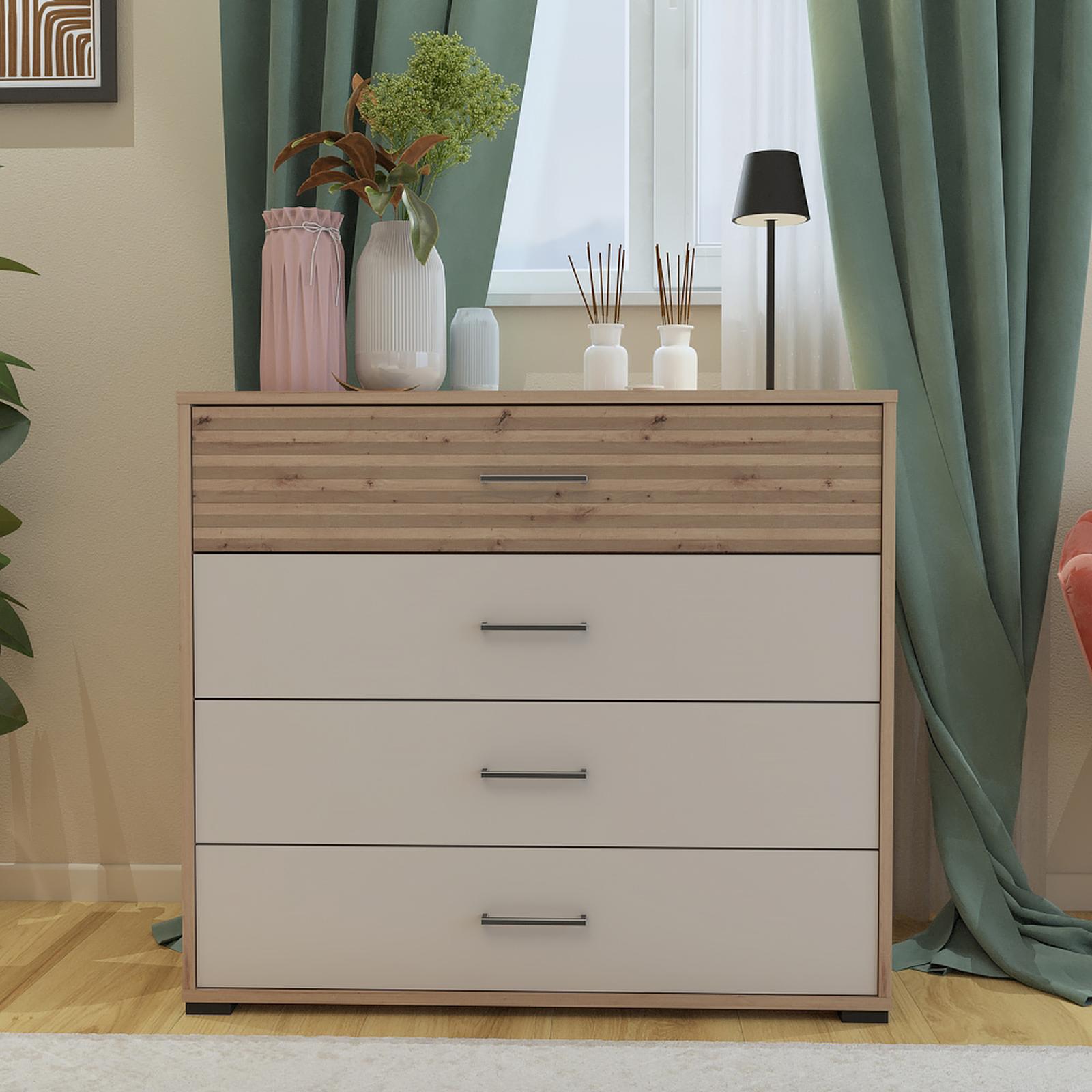 Comoda dormitor Modena 4F, cu 4 sertare, stejar artisan + bej cashmere, 93 x 40 x 82 cm, 1C