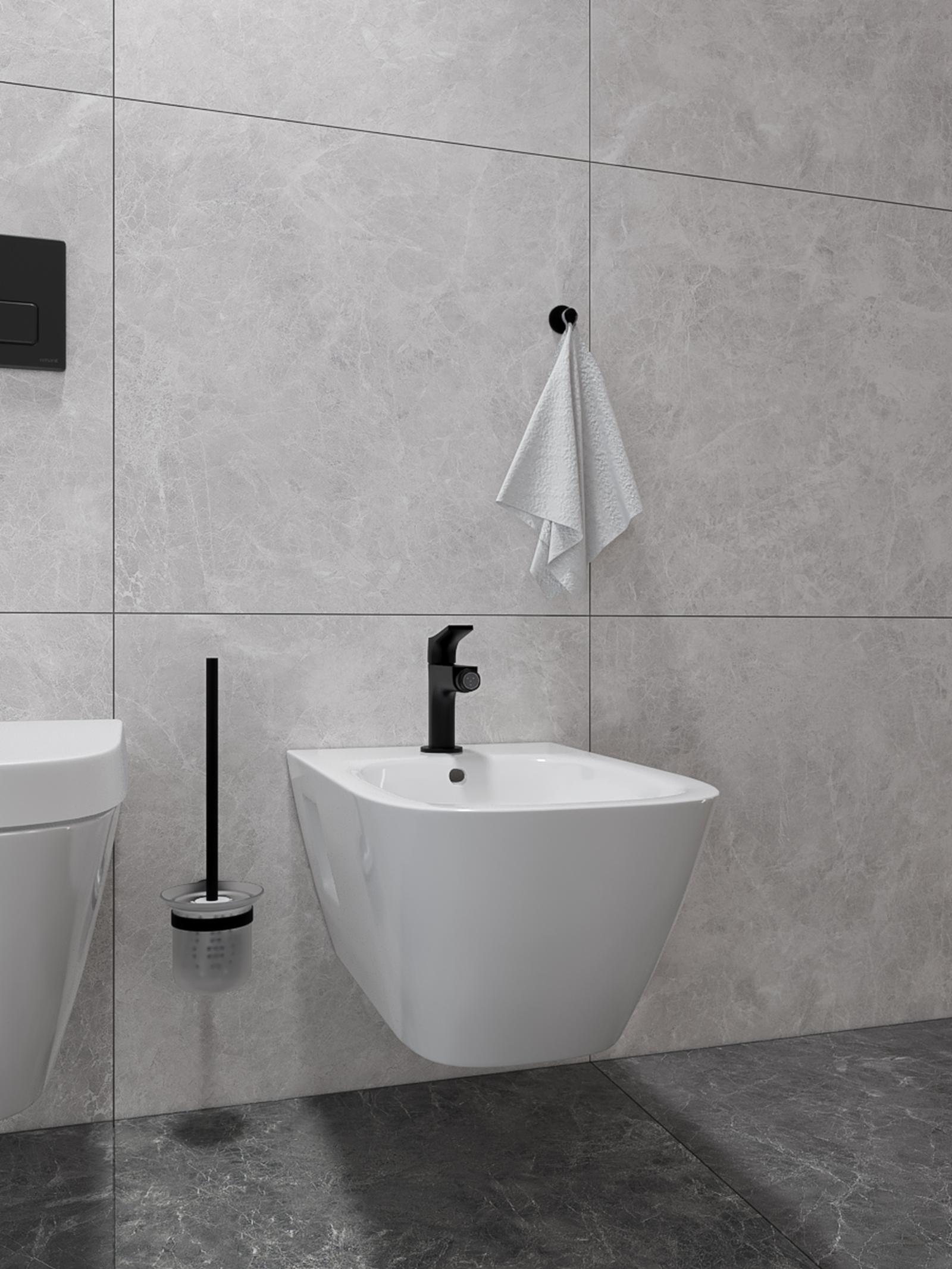 Perie WC tesa Moon Black 40561, suspendat, autoadeziv, metal negru + sticla mata, 37.9 x 14.5 x 11.2 cm
