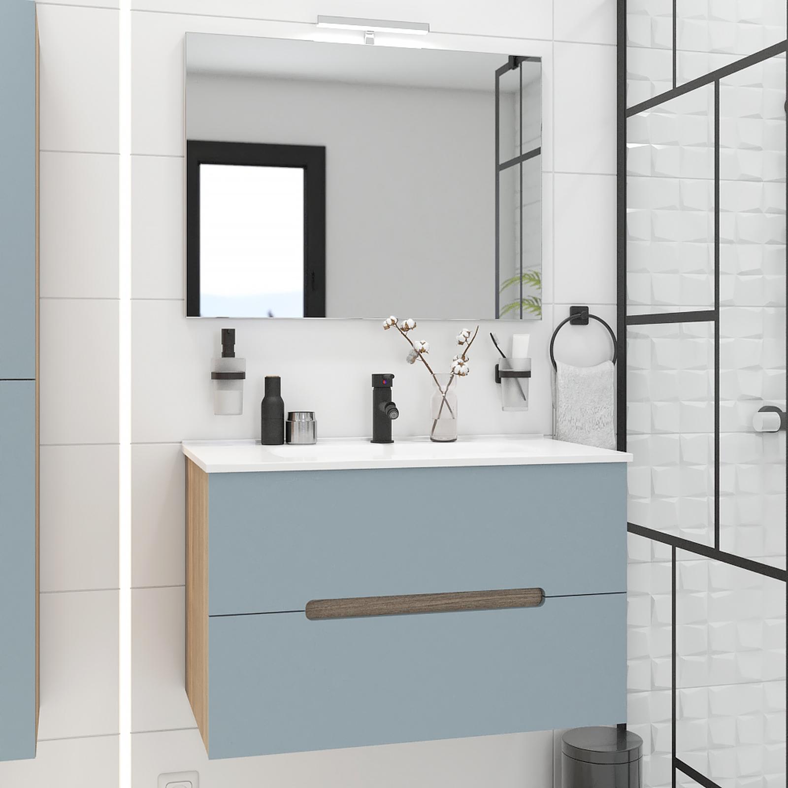 Masca baie + lavoar + oglinda + lampa Savini Due Iris, cu sertare, albastru deschis + stejar, 80 x 46.5 x 113 cm