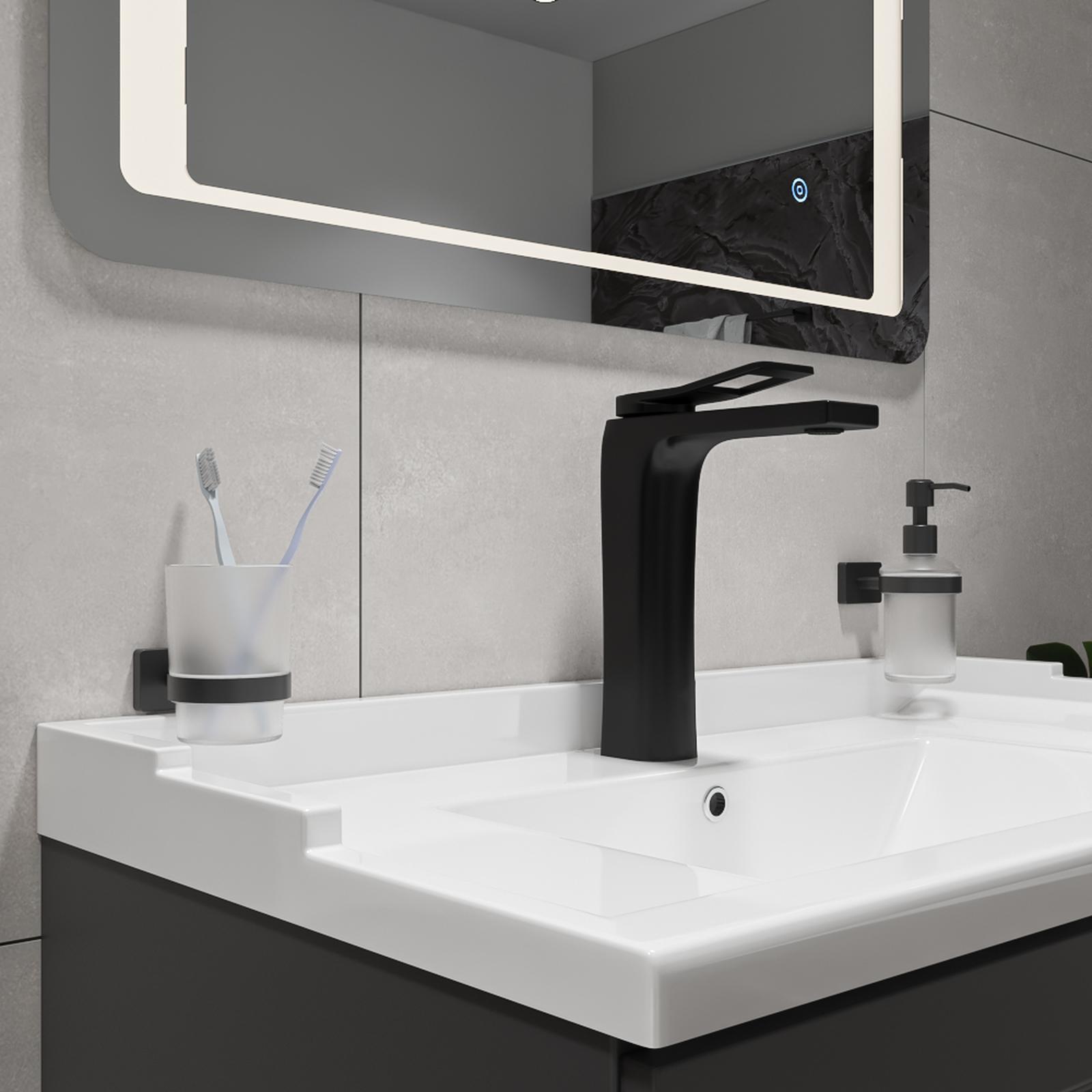 Pahar baie Ferro pentru baie stil modern toronto Pahar baie Ferro Greta AGR03BL, pentru igiena personala, cu suport, prindere pe perete, 9.5 x 6.89 x 9.95 cm