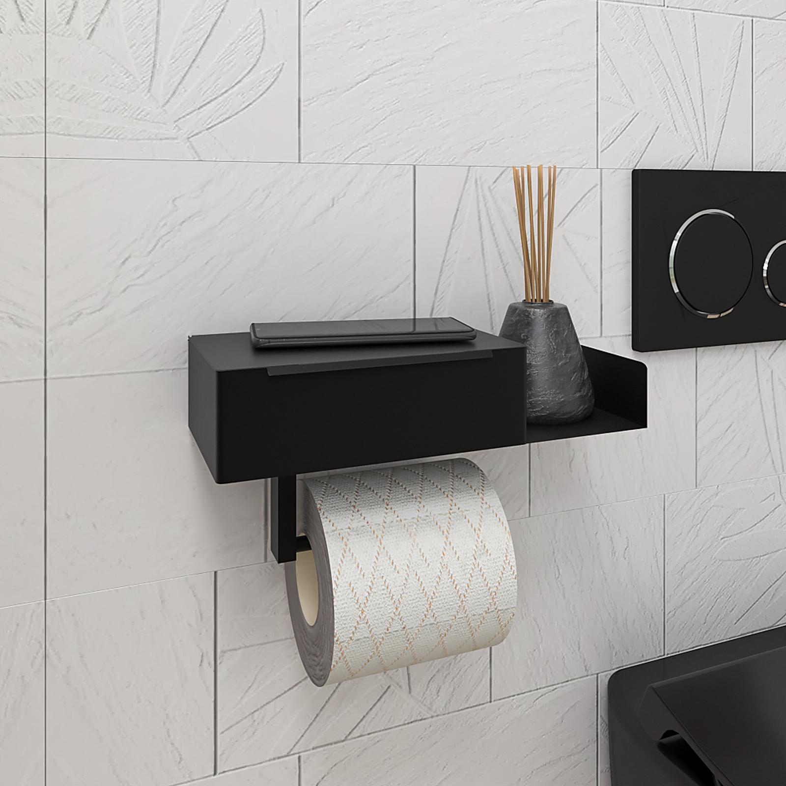 Suport hartie igienica, Kadda KB-013PA, cu etajera si cutie depozitare, fara clapeta, negru, 30 x 12.6 x 6.2 cm