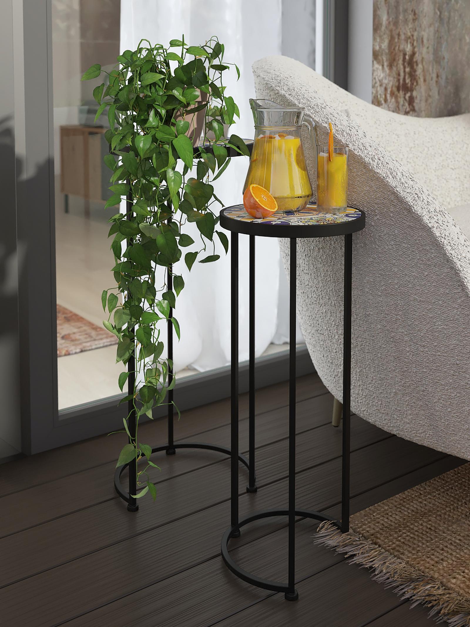 Suport ghiveci flori, Elba, Grandio Mob, rotund, metal, negru + albastru, 71.5 x 30 cm, set 2 bucati