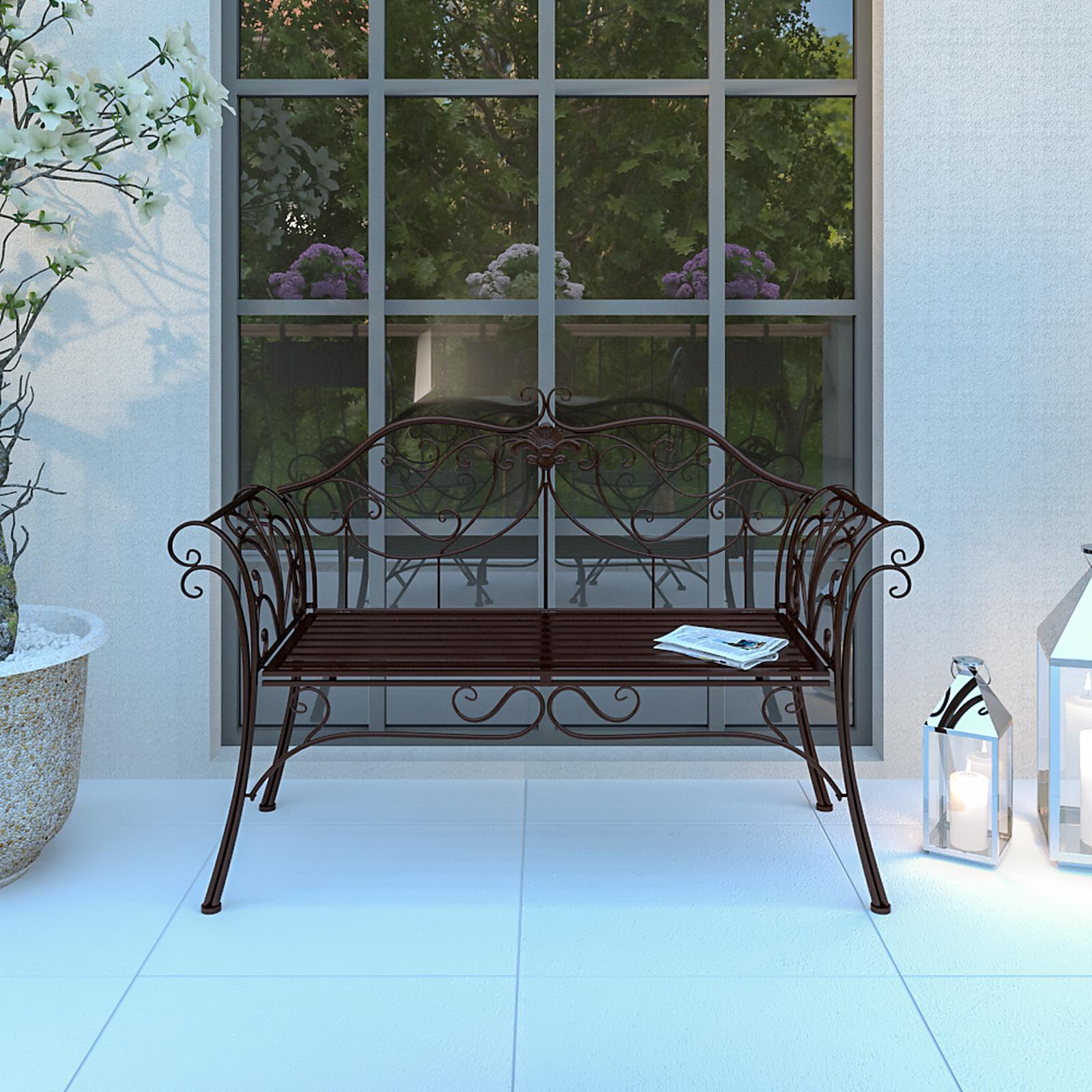 Banca de gradina, din metal, cu spatar, Etelia, maro, 131 x 49 x 89 cm