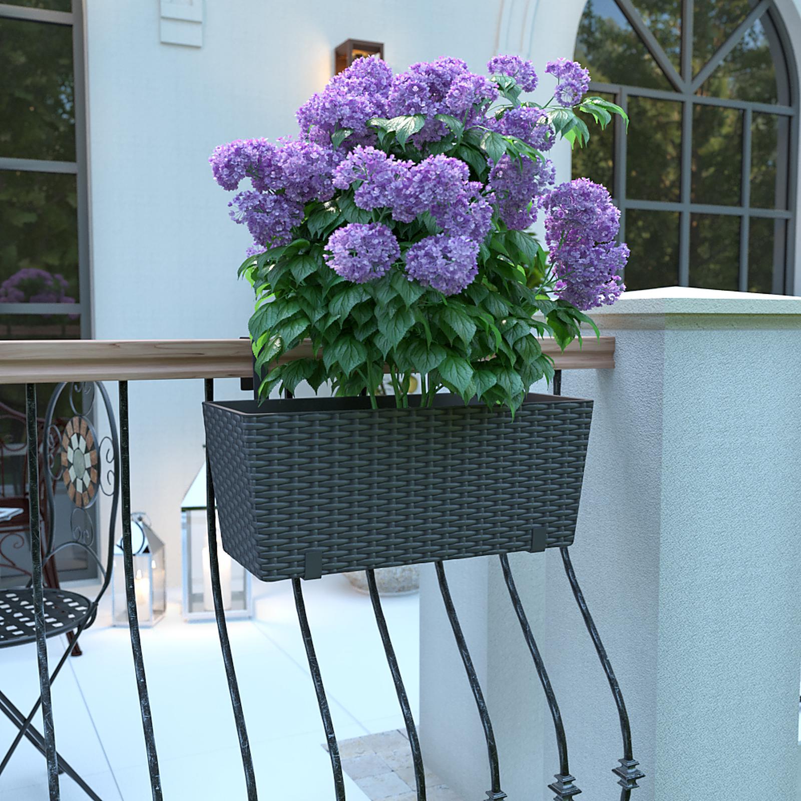 Jardiniera plastic 7390500, cu suport, pentru balustrada, finisaj ratan sintetic, dreptunghiulara, negru, 47 x 19.5 x 19 cm