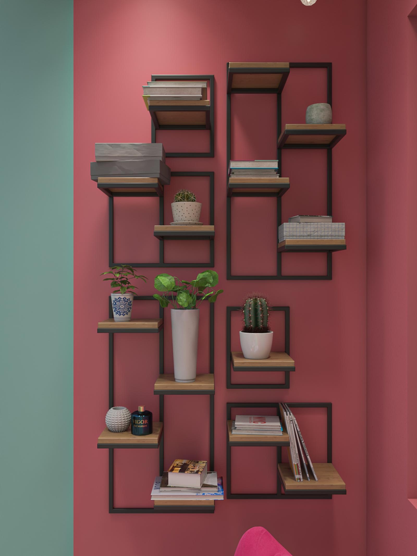 Suport ghiveci flori, Your Loft Design Lens S, tip etajera, dreptunghiular, metal + lemn, negru + stejar, 23 x 20 x 30 cm