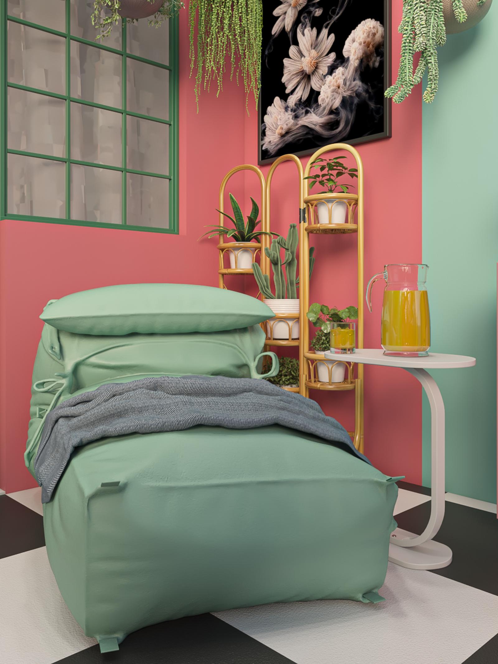 Fotoliu puf Yoga XL + perna, material textil, verde menta, 60 x 130 x 45 cm