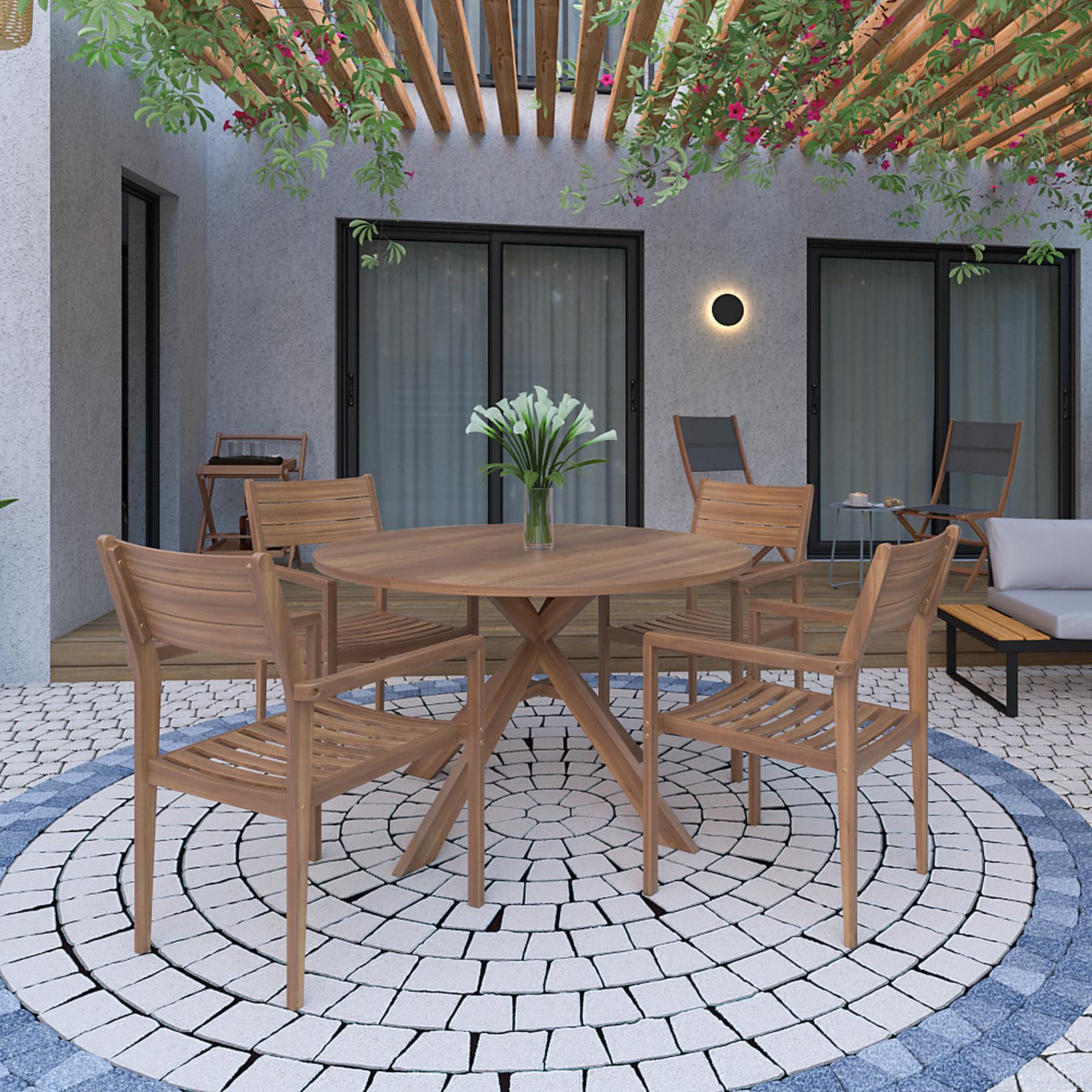 Set terasa / mobilier gradina cu masa fixa, rotunda, 4 scaune, pentru exterior, Grandio Mob Richmond, lemn, maro