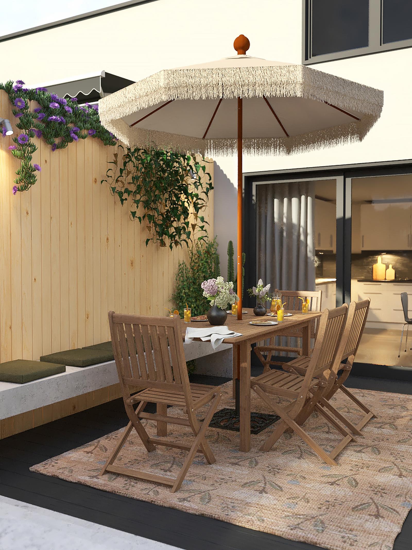 Set terasa / mobilier gradina cu masa fixa, dreptunghiulara, 6 scaune pliante, pentru exterior, Grandio Mob Kasos, lemn, maro