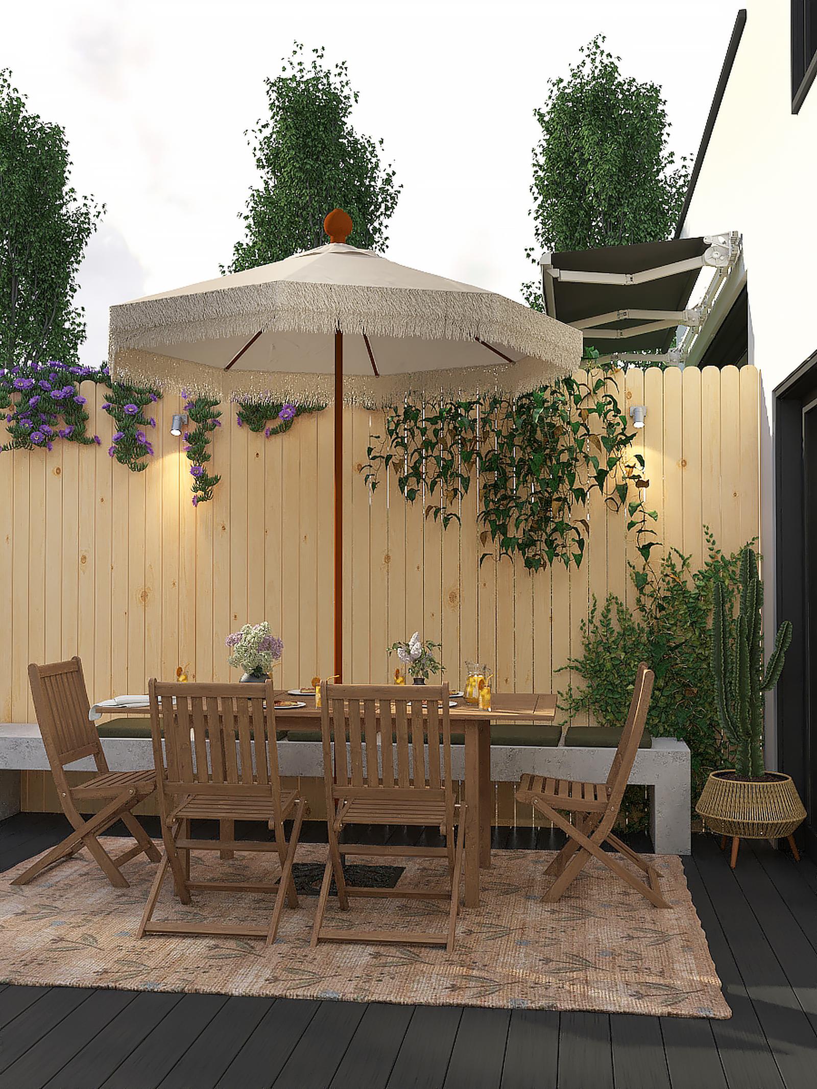Set terasa / mobilier gradina cu masa fixa, dreptunghiulara, 6 scaune pliante, pentru exterior, Grandio Mob Kasos, lemn, maro