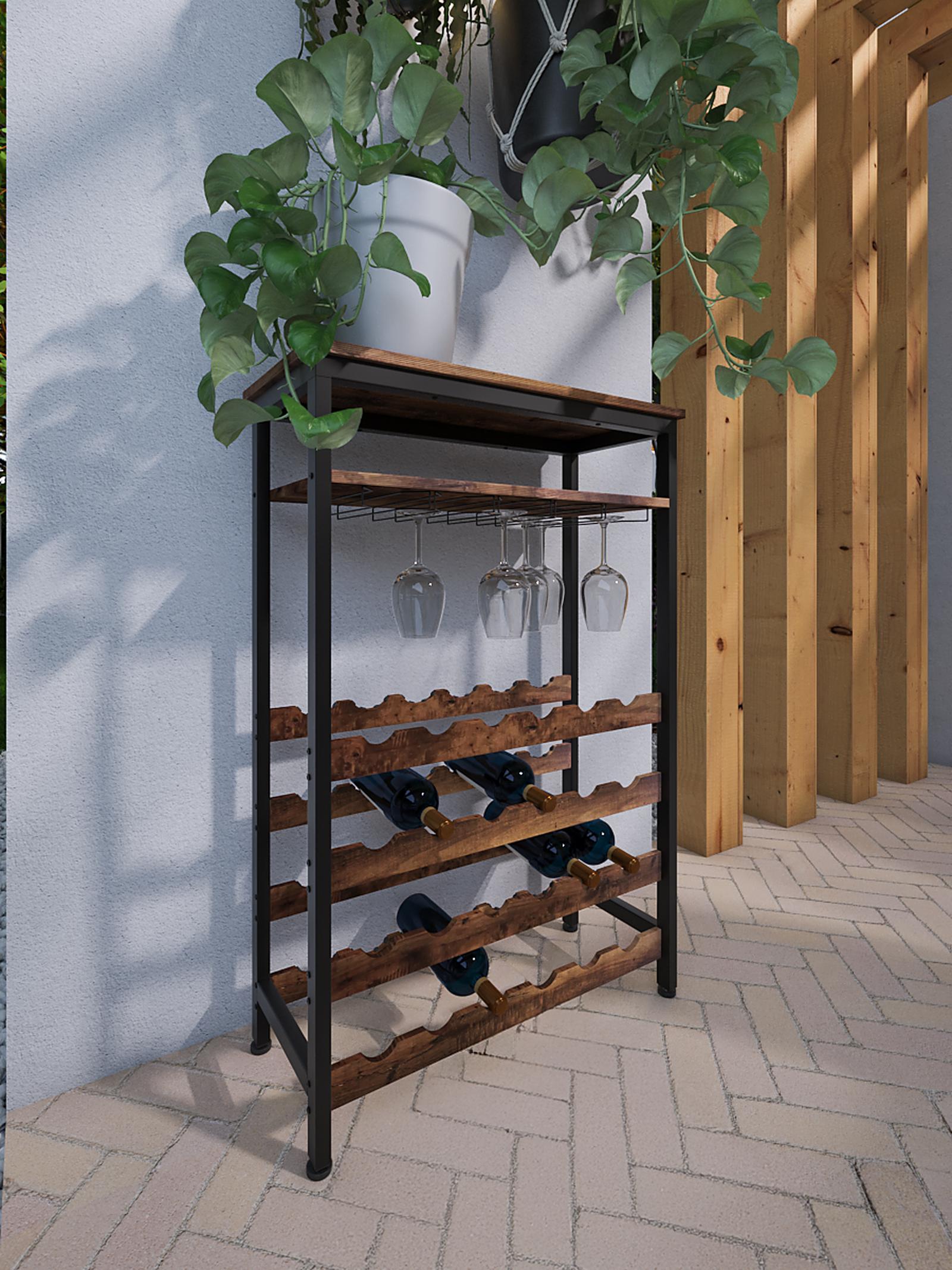Suport pentru sticle de vin si pahare Martri, lemn + metal, maro + negru, 100 x 66 x 30 cm