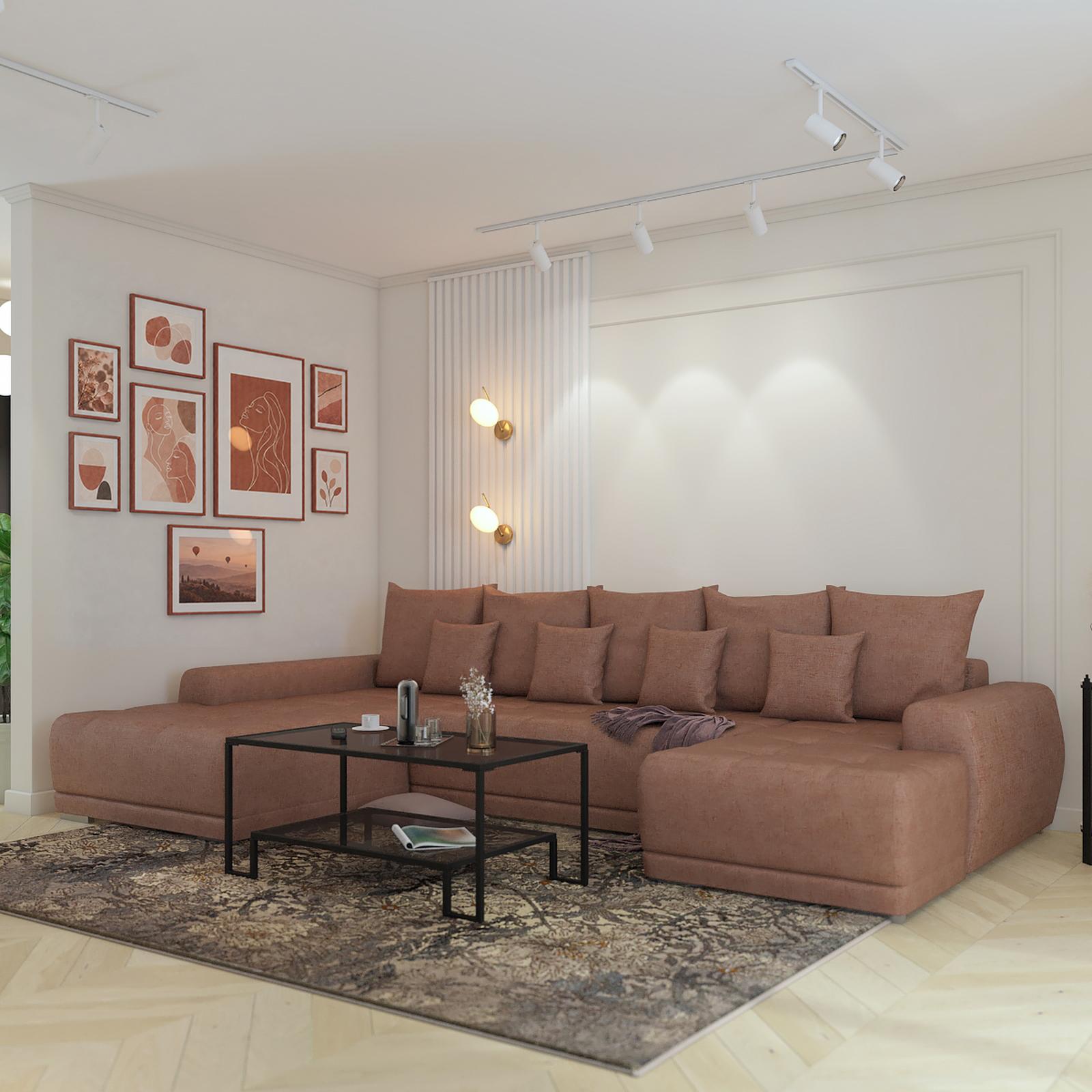 Coltar extensibil pe dreapta, 6 locuri, Maddox, cu lada, caramiziu, stofa, 350 x 203 x 90 cm, 3C
