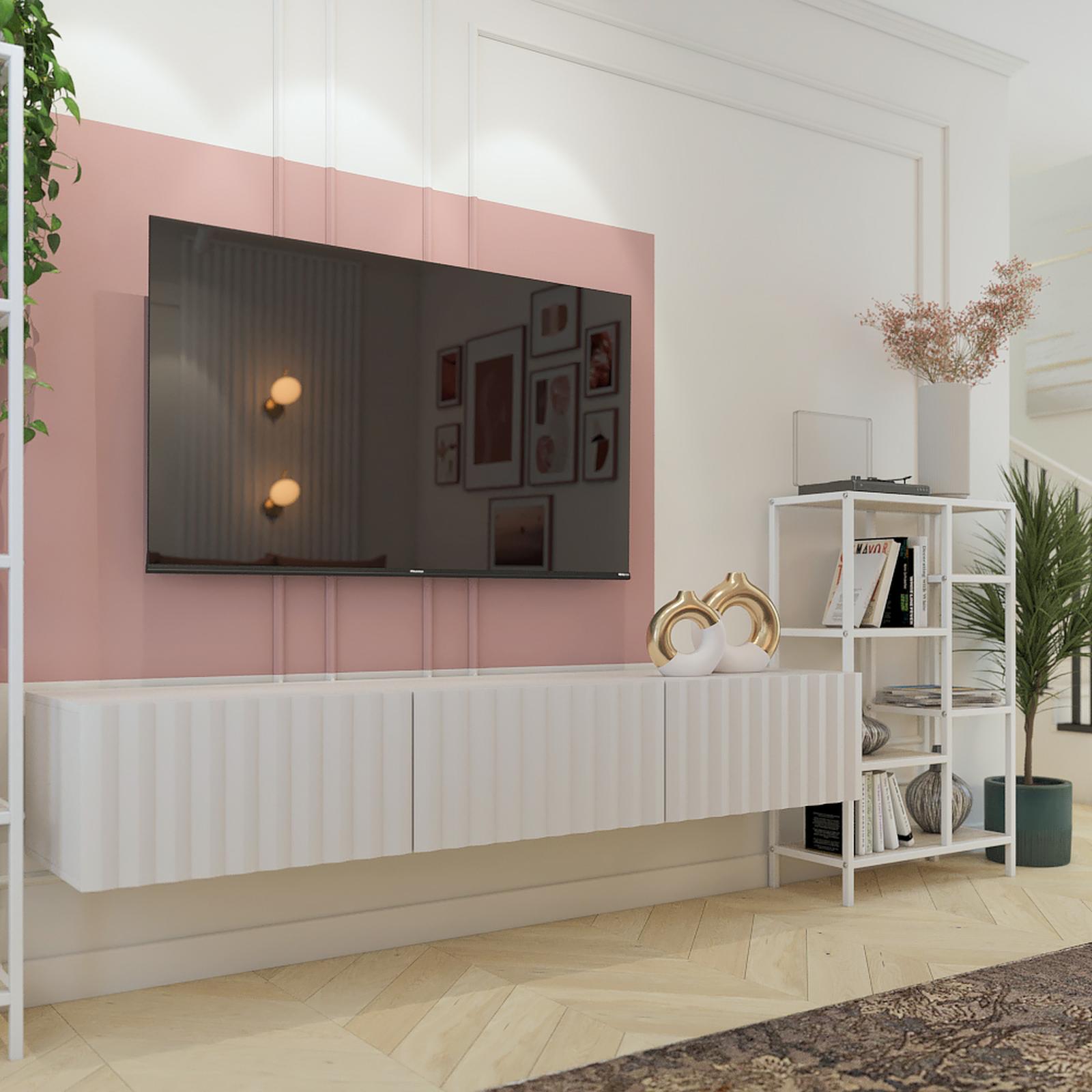 Comoda TV Antibes 3K3V, cu usi, alb + folie mata alba, 192 x 42 x 32 cm, 1C