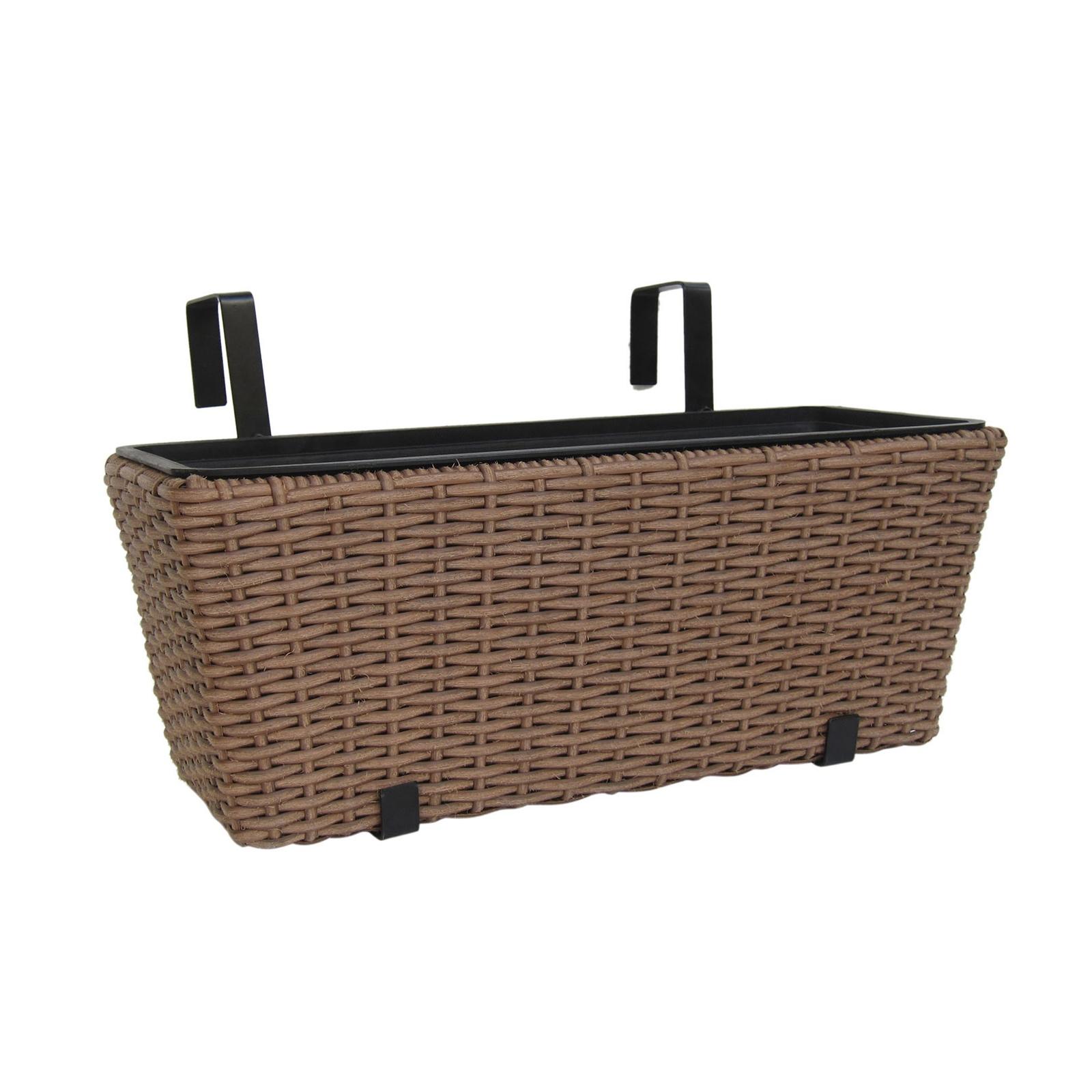 Jardiniera din plastic 7390500, cu suport, pentru balustrada, finisaj ratan sintetic, dreptunghiulara, maro, 47 x 19.5 x 19 cm