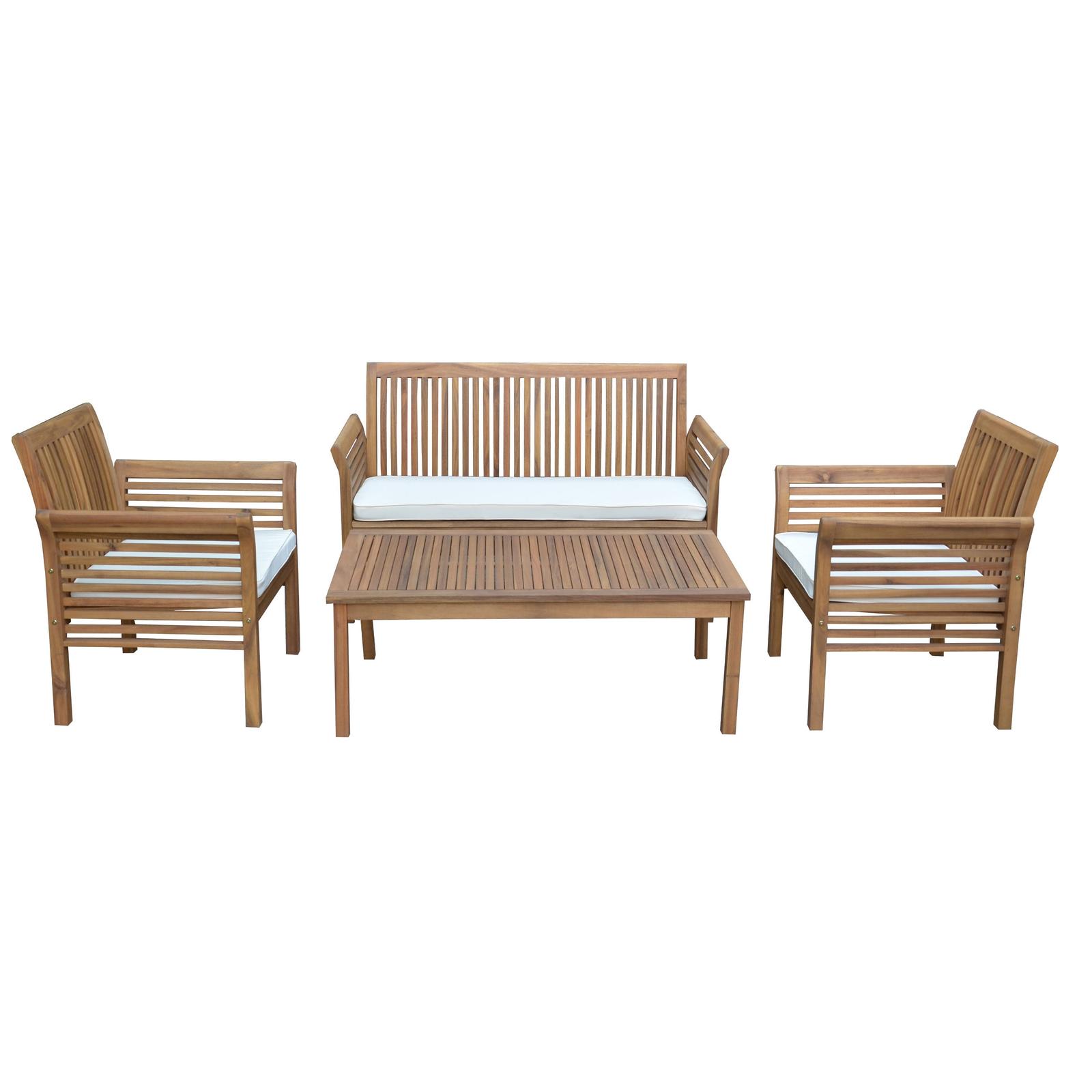 Set terasa canapea 2 locuri, perne incluse, 2 fotolii, pentru exterior, masa dreptunghiulara, Hanoi, lemn, natur