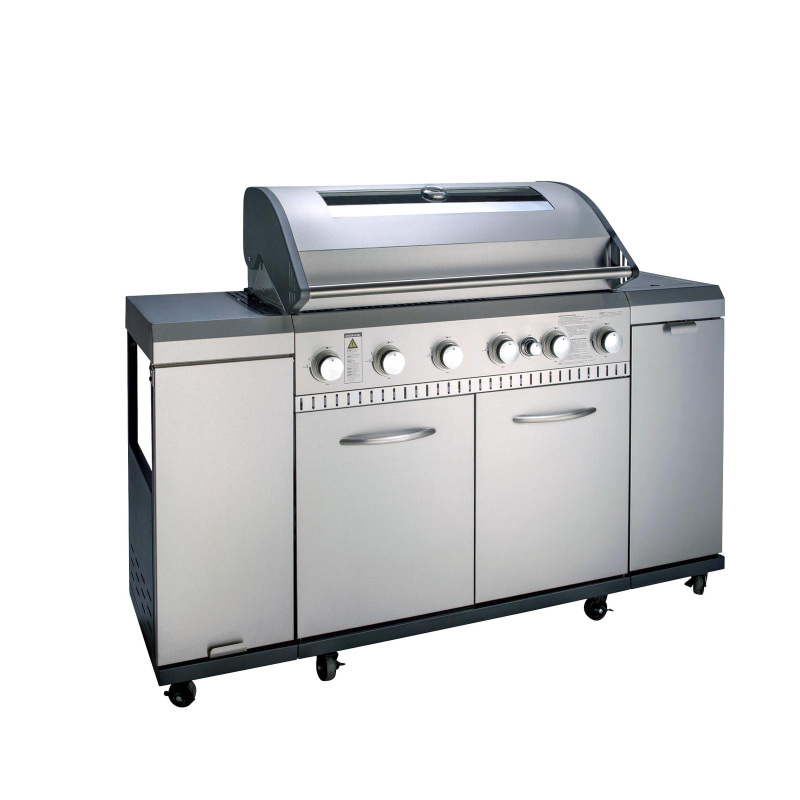 Gratar pe gaz Landmann 12120, 7 arzatoare din inox, 24 kW, otel inoxidabil, cu roti deplasare, cu ceas de temperatura, argintiu, 162.5 x 55.5 x 121 cm