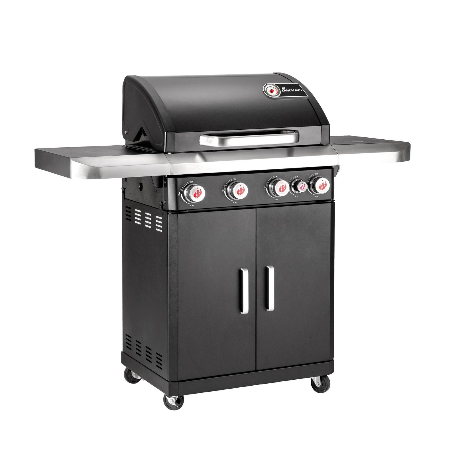 Gratar pe gaz Landmann Rexon 4.1 12131, 5 arzatoare din inox, 15 kW, sistem PTS, otel, cu roti deplasare, cu ceas de temperatura, negru, 135 x 52 x 120 cm