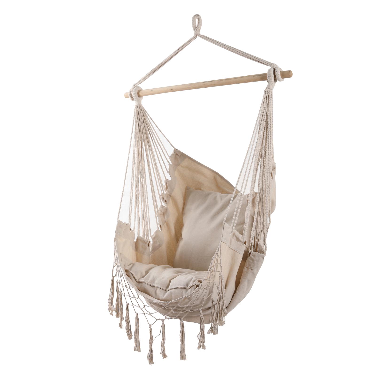 Hamac tip scaun cu bara din lemn, cu perne, bej, 100 x 130 cm