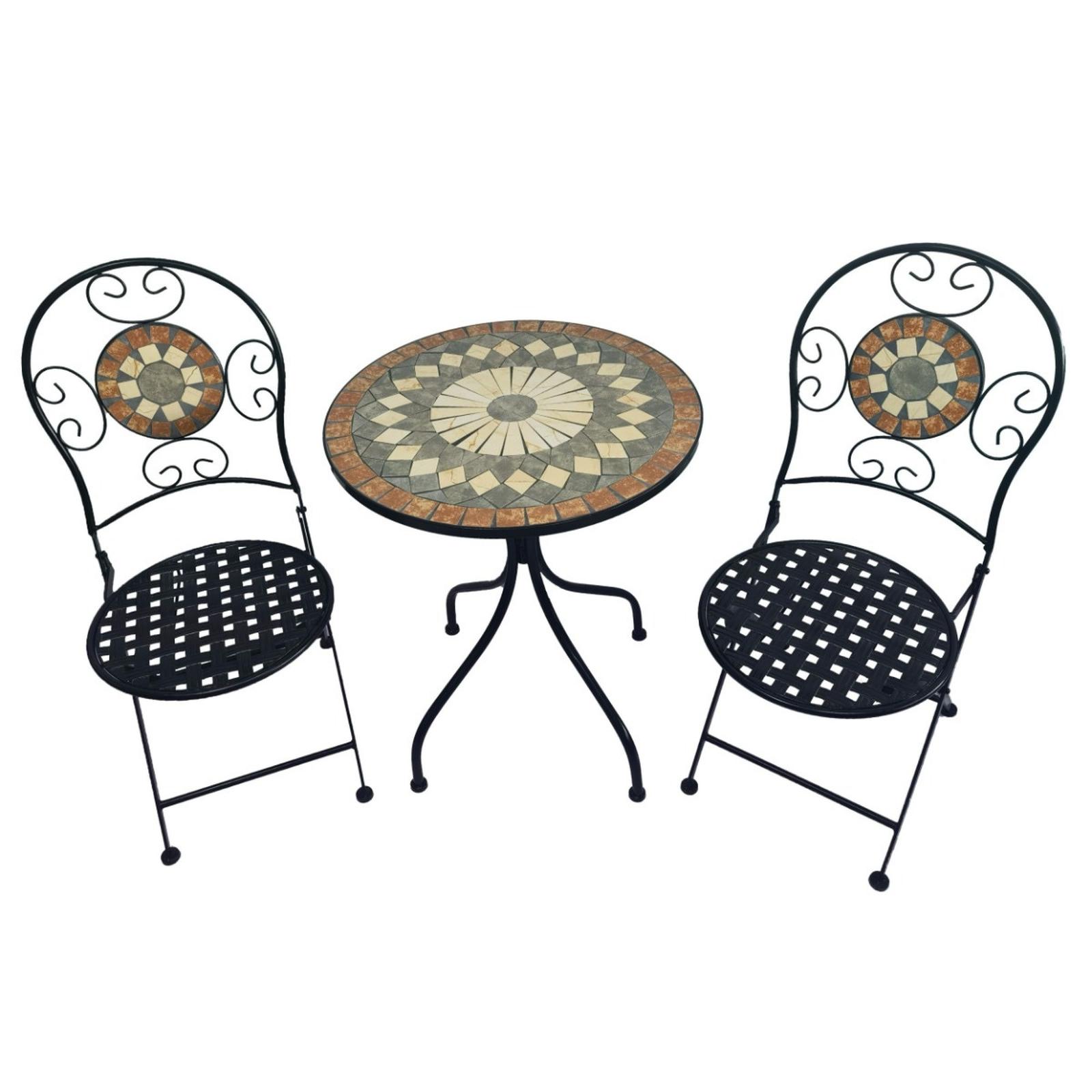 Set terasa gradina cu masa rotunda, fixa, 2 scaune, interior / exterior, metal, maro + negru, Bistro