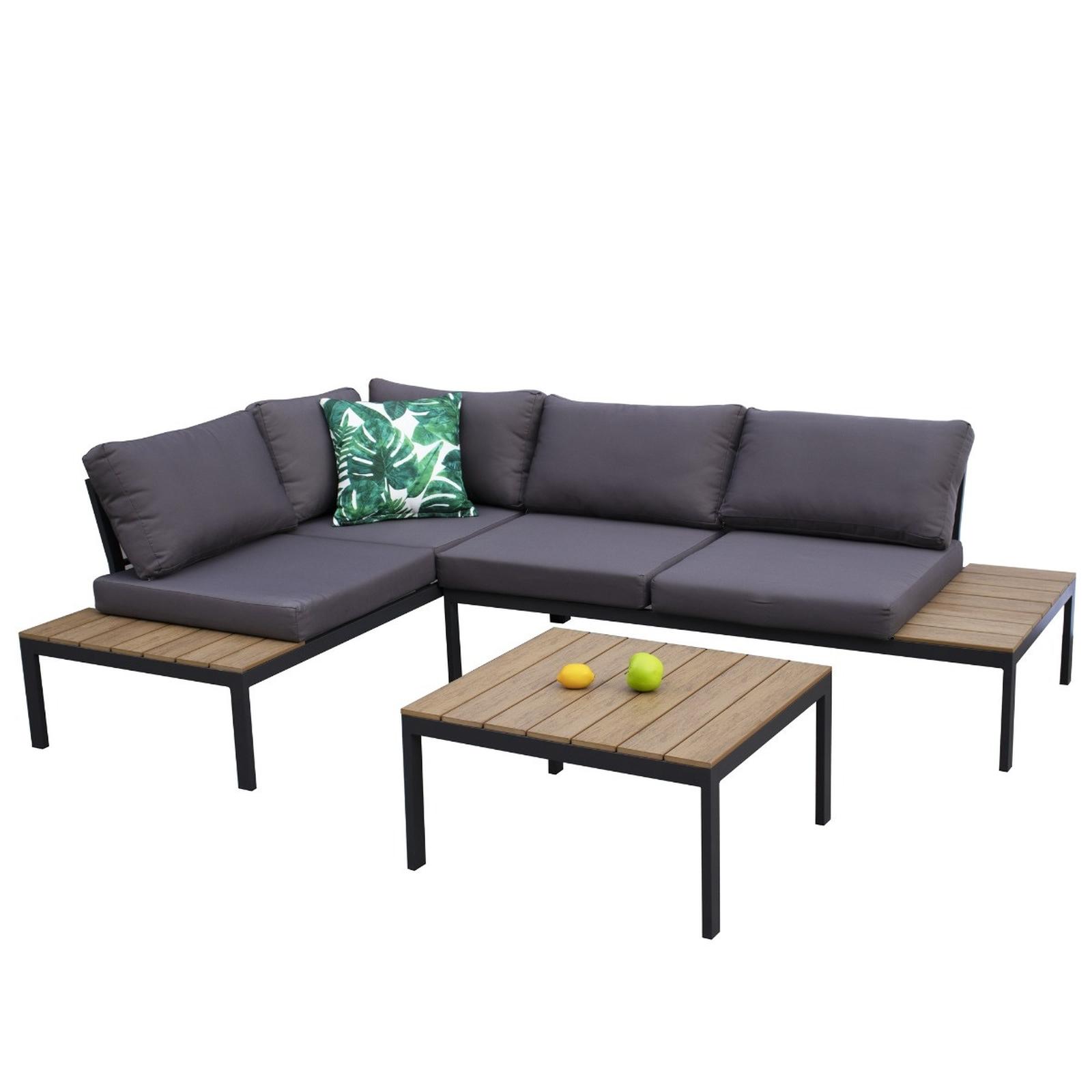 Set mobilier gradina coltar 4 locuri, perne incluse, pentru exterior, masa dreptunghiulara, Grandio Mob Ancona, metal + poliester, gri + maro + negru