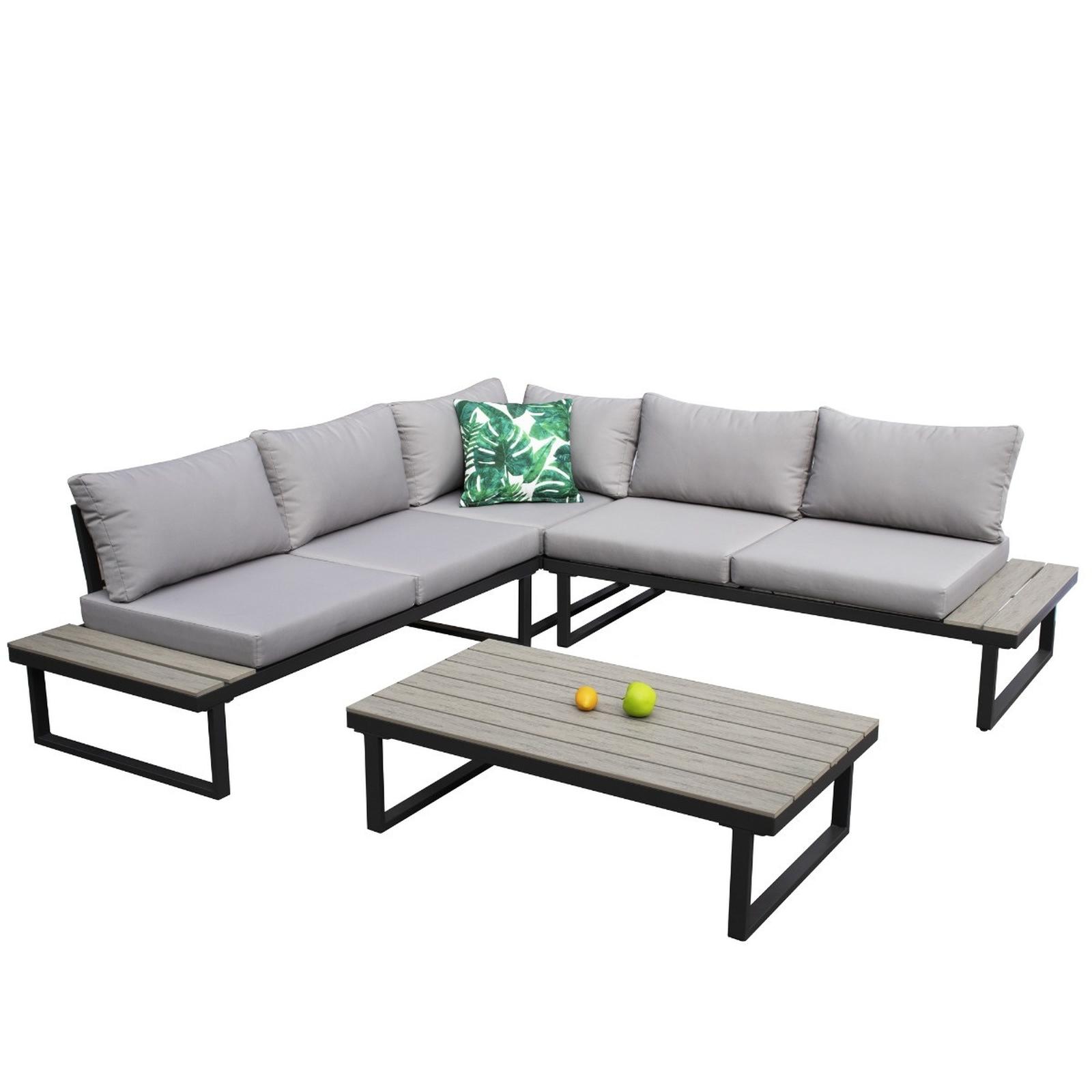 Set gradina, coltar 5 locuri, perne incluse, masa dreptunghiulara fixa, Grandio Mob Miriam, metal + poliester, gri + negru