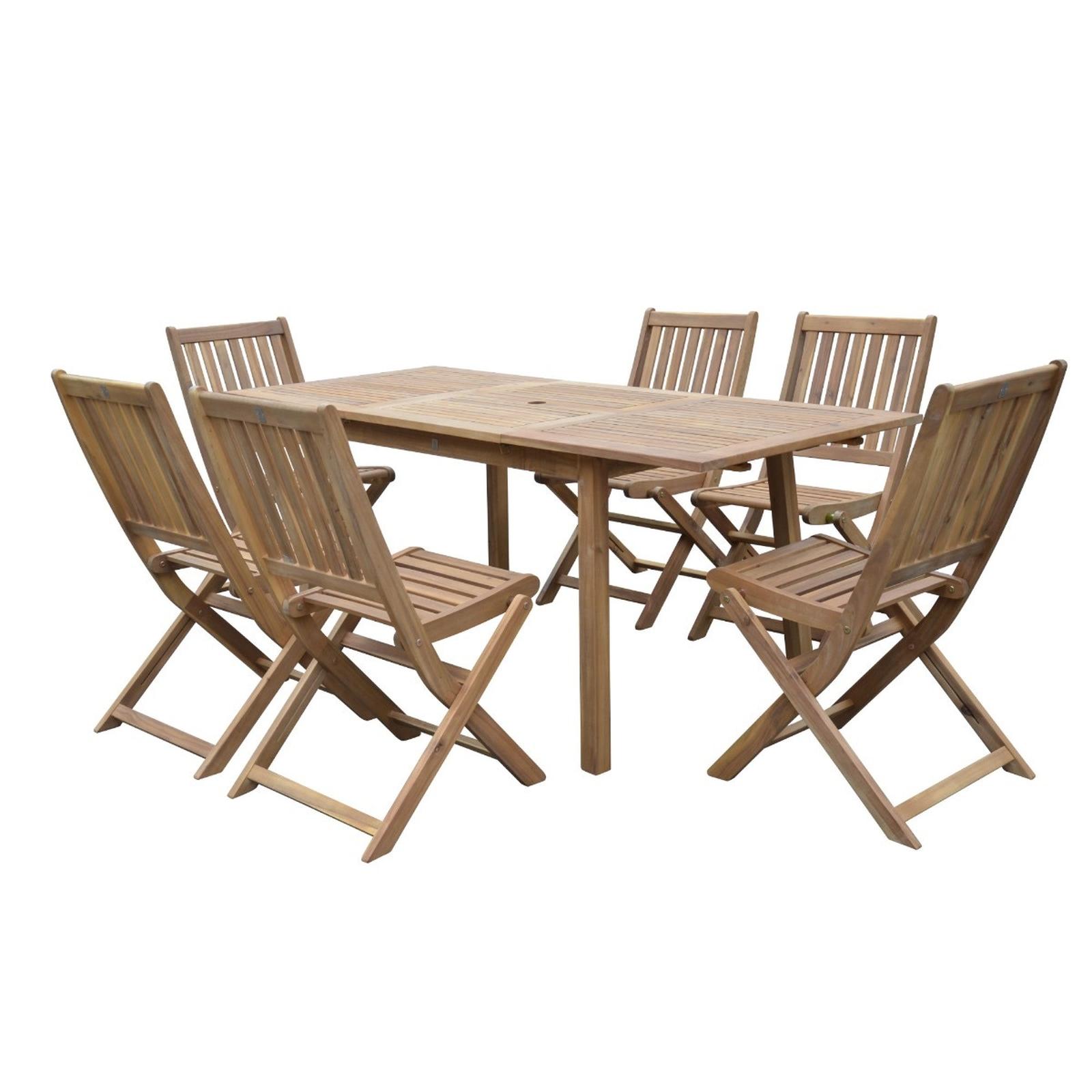 Set terasa / mobilier gradina cu masa fixa, dreptunghiulara, 6 scaune pliante, pentru exterior, Grandio Mob Kasos, lemn, maro