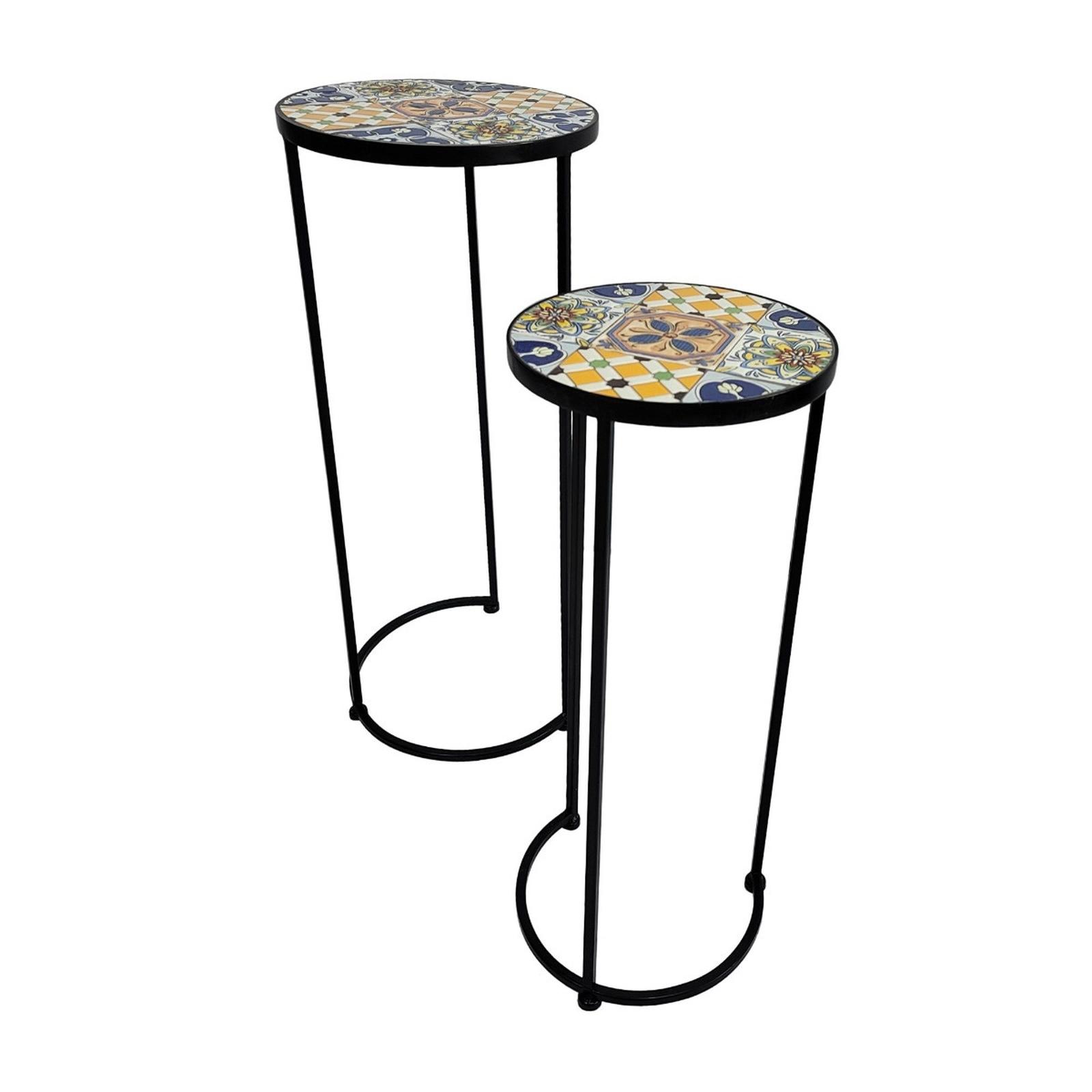 Suport ghiveci flori, Elba, Grandio Mob, rotund, metal, negru + albastru, 71.5 x 30 cm, set 2 bucati