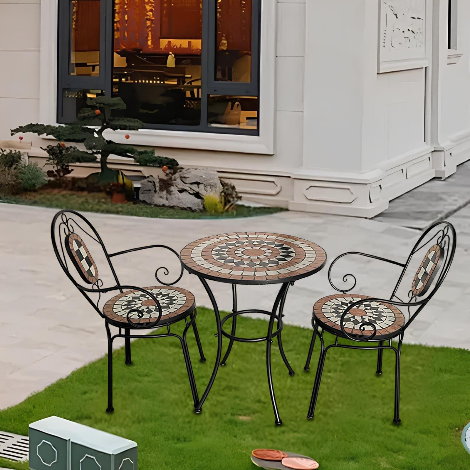 Set terasa gradina cu masa rotunda, fixa, 2 scaune, interior / exterior, metal, negru + maro, YLM5029