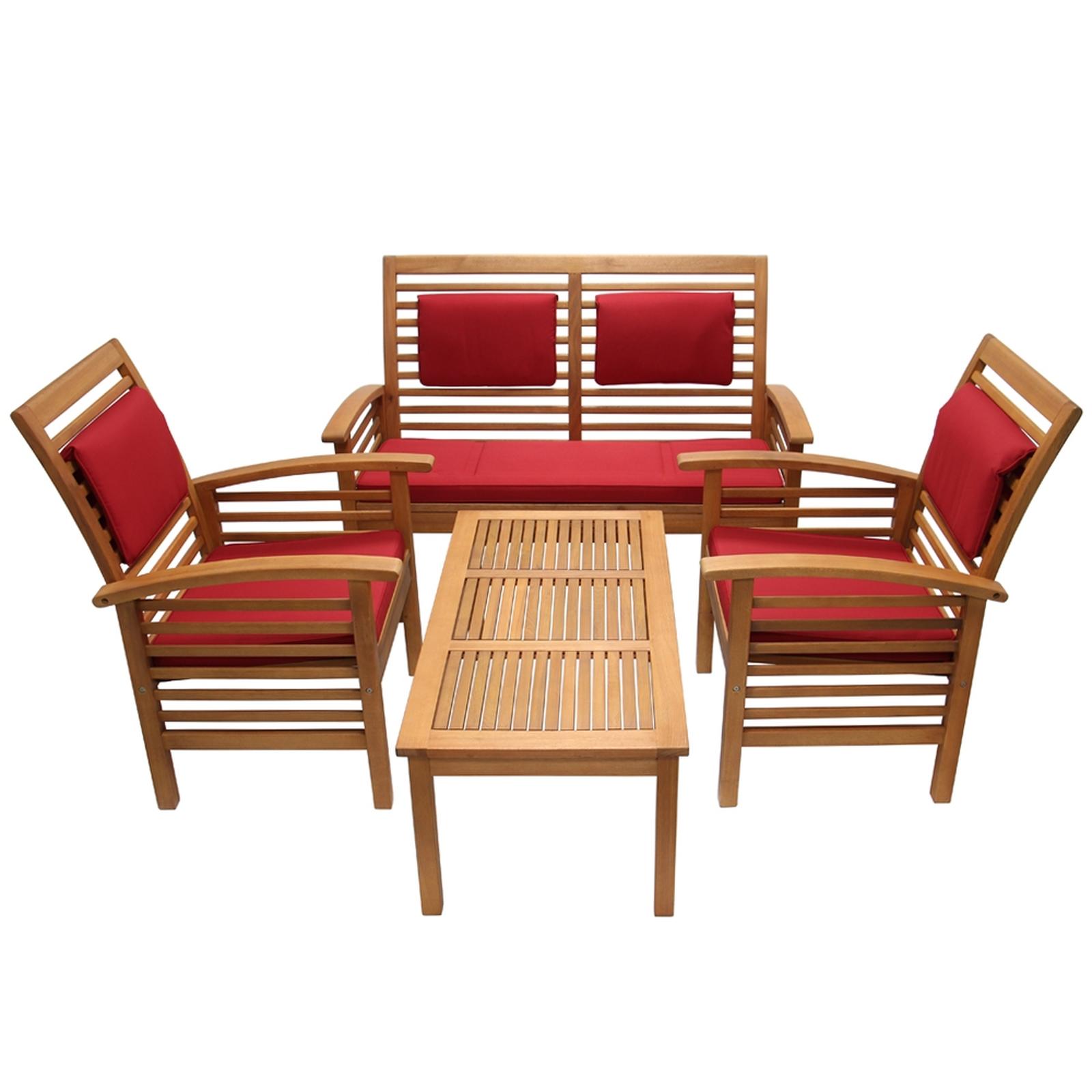 Set terasa  gradina, canapea 2 locuri, perne incluse, 2 fotolii, pentru exterior, masa dreptunghiulara, Miranda 211M, lemn, rosu