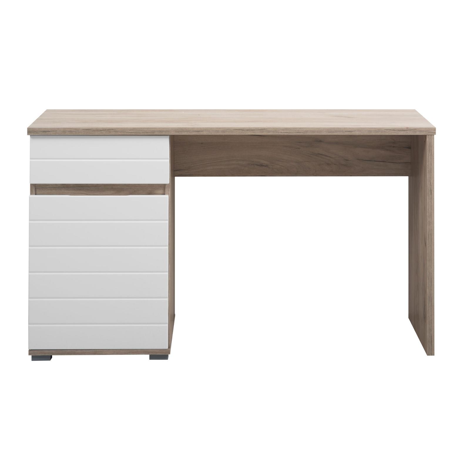 Birou cu sertar si dulap Elan, pentru calculator, stejar gri + alb lucios, 130 x 50 x 75.5 cm, 1C