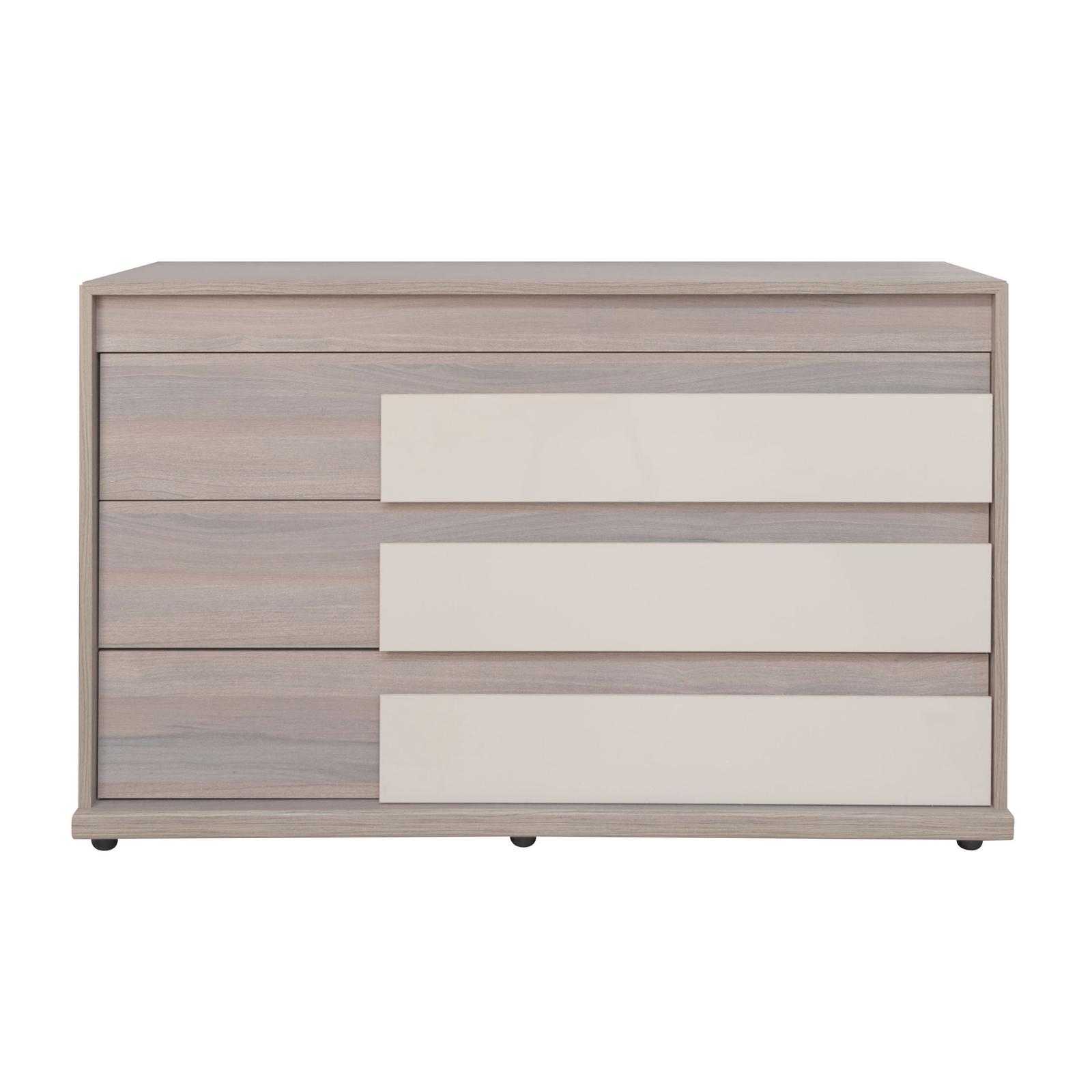 Comoda dormitor Opera P3, cu 3 sertare, ulm inchis + saten lucios, 130 x 50 x 78 cm, 5C