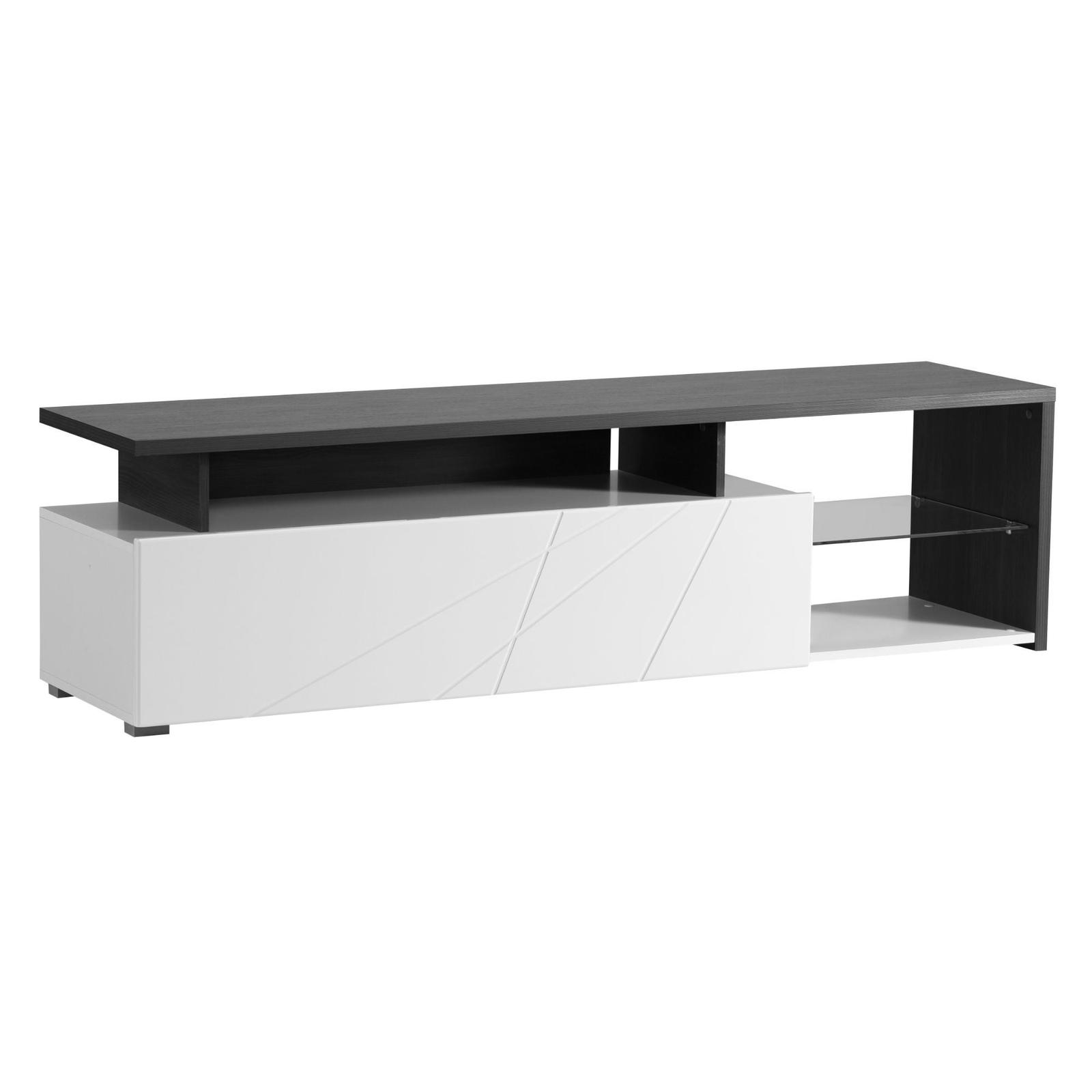 Comoda TV Arctic, cu usa, alb mat + lemn negru + folie lucioasa alba, 170 x 40 x 46.5 cm, 2C