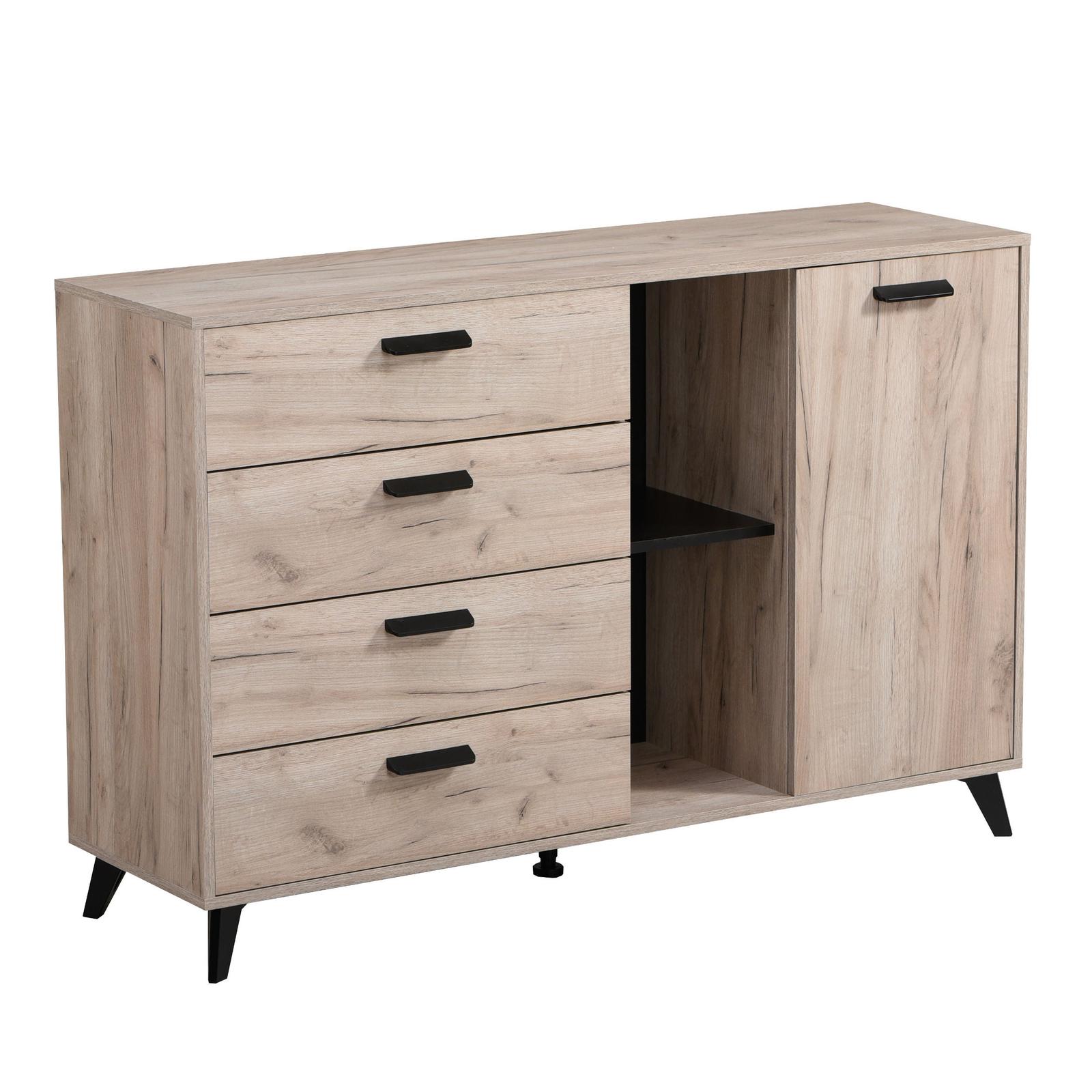Comoda living Umbria 3K4F, cu sertare si usa, stejar gri + negru, 137.5 x 40 x 90.5 cm, 2C