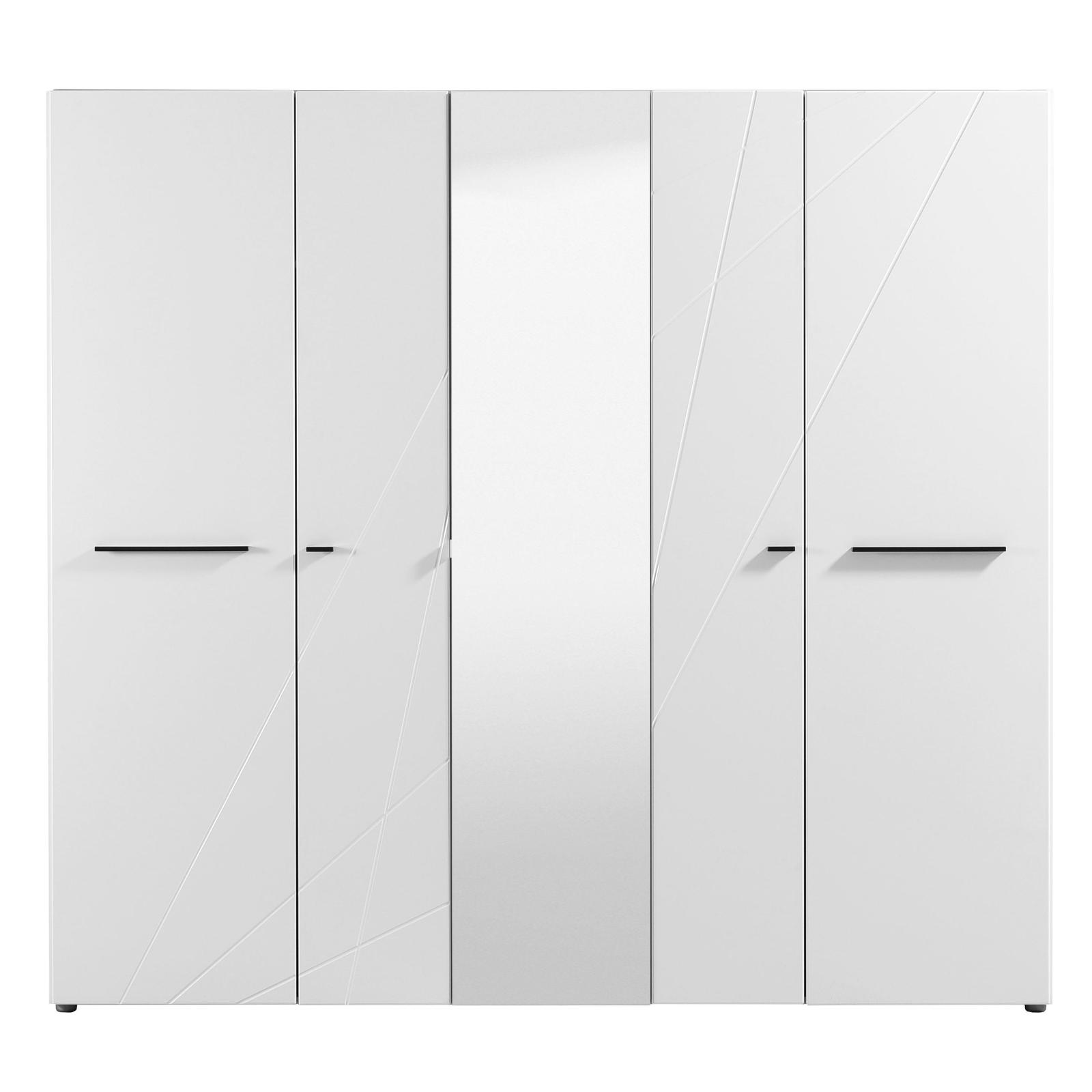 Dulap dormitor Ksanti 5K1O, alb mat + folie lucioasa alba, 5 usi, cu oglinda, 223.5 x 55 x 206 cm, 5C