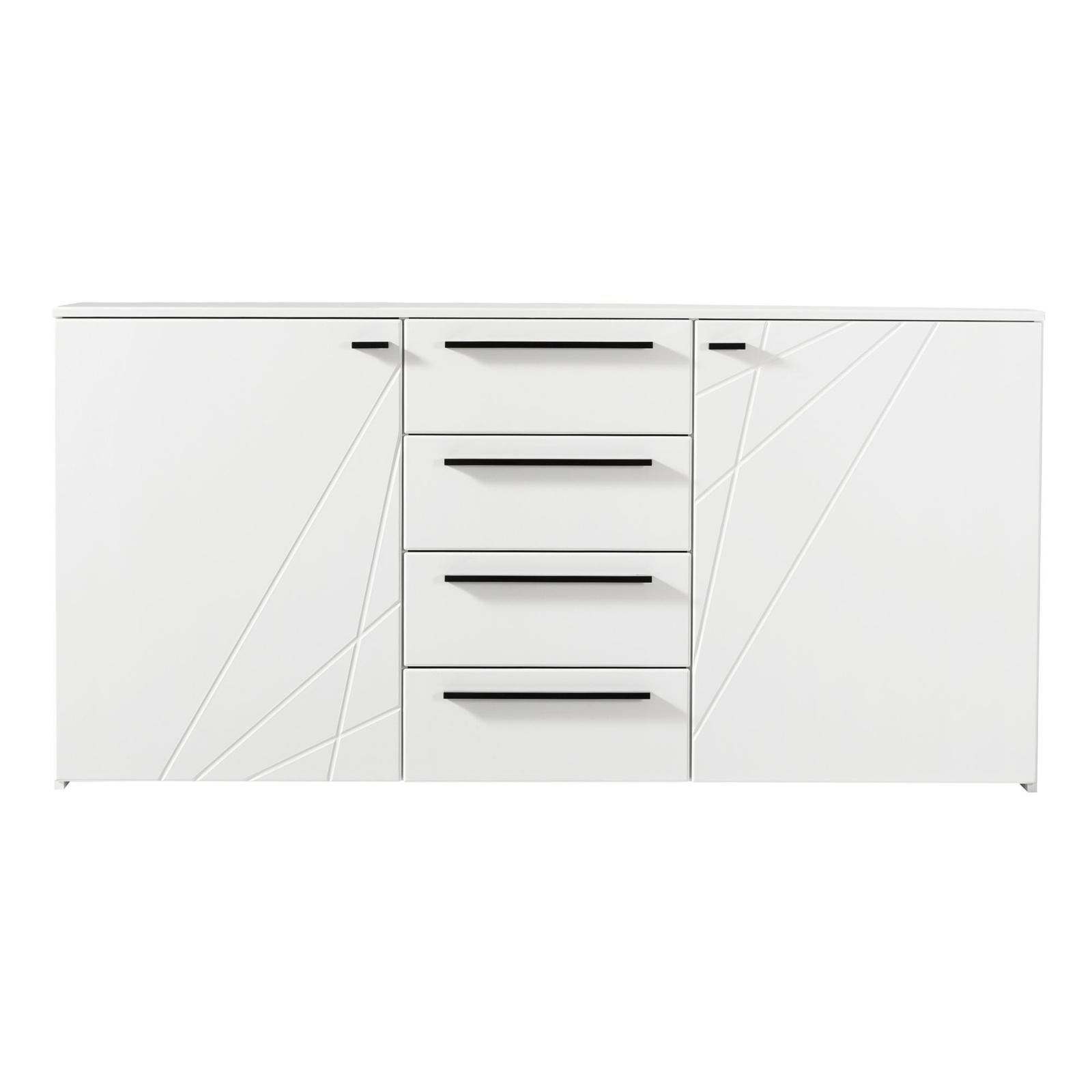 Comoda Ksanti 3K4F, cu 2 usi + 4 sertare, alb mat + folie lucioasa alba, 163 x 80.5 x 40 cm