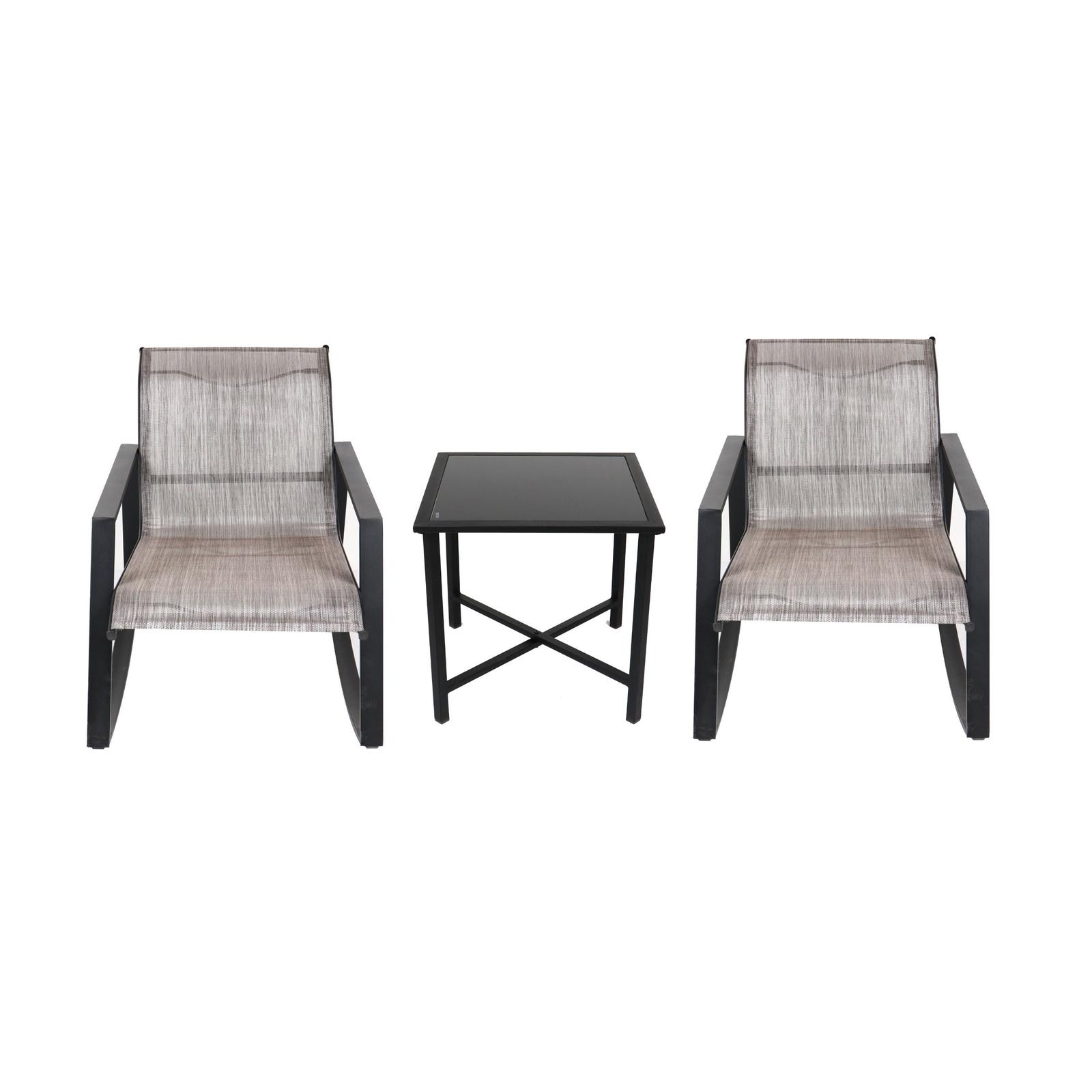 Set terasa cu masa patrata, fixa, 2 scaune balansoar, metal, negru, Victoria