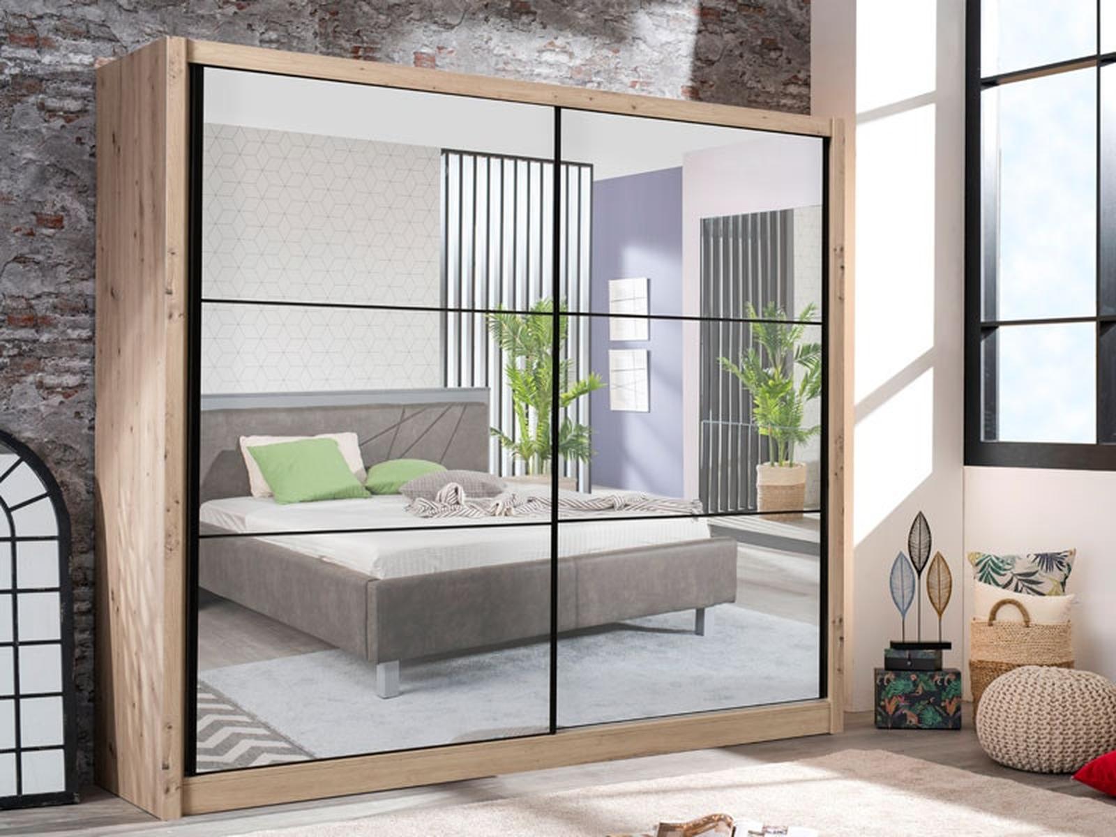 Dulap dormitor Navara 215, stejar gri, 2 usi glisante, cu oglinzi, 213 x 60 x 215.5 cm