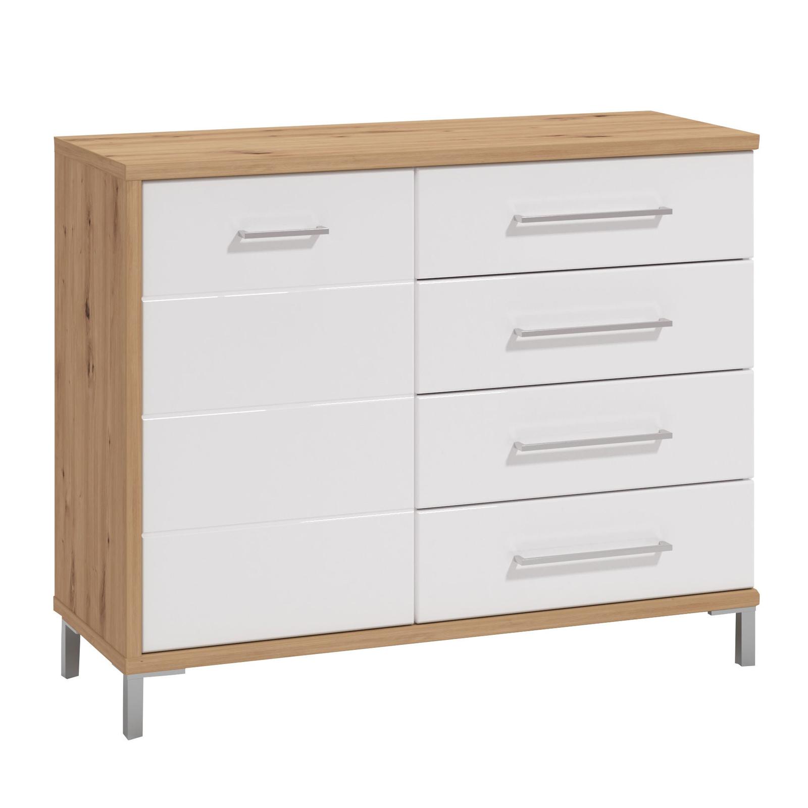 Comoda dormitor Mondego 2K4F, cu usa + 4 sertare, stejar artisan + alb mat + folie lucioasa alba, 108 x 87 x 40 cm, 2C